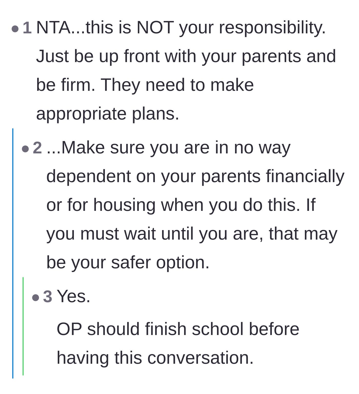 Comment thread 3 - Commenters stressing the importance of being completely financially independent before setting firm boundaries with her parents.