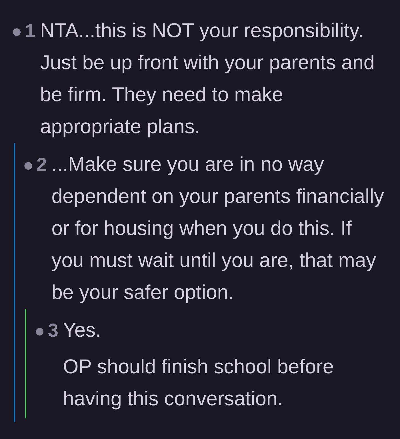 Comment thread 3 - Commenters stressing the importance of being completely financially independent before setting firm boundaries with her parents.