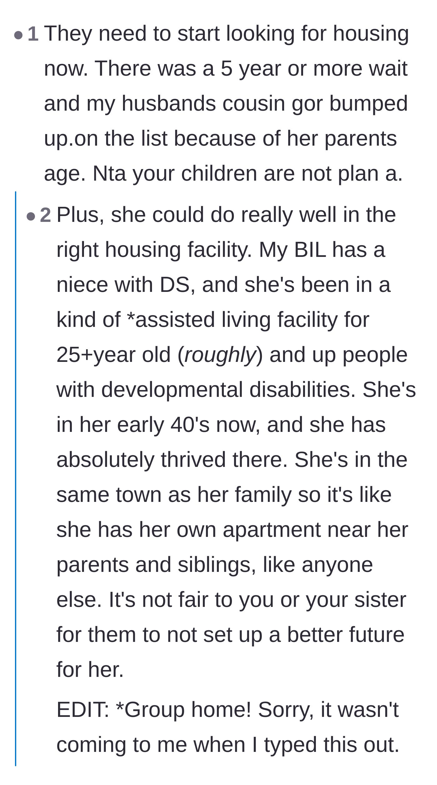 Comment thread 4 - People sharing heartwarming stories of disabled family members who found community, independence, and happiness living in assisted group homes.