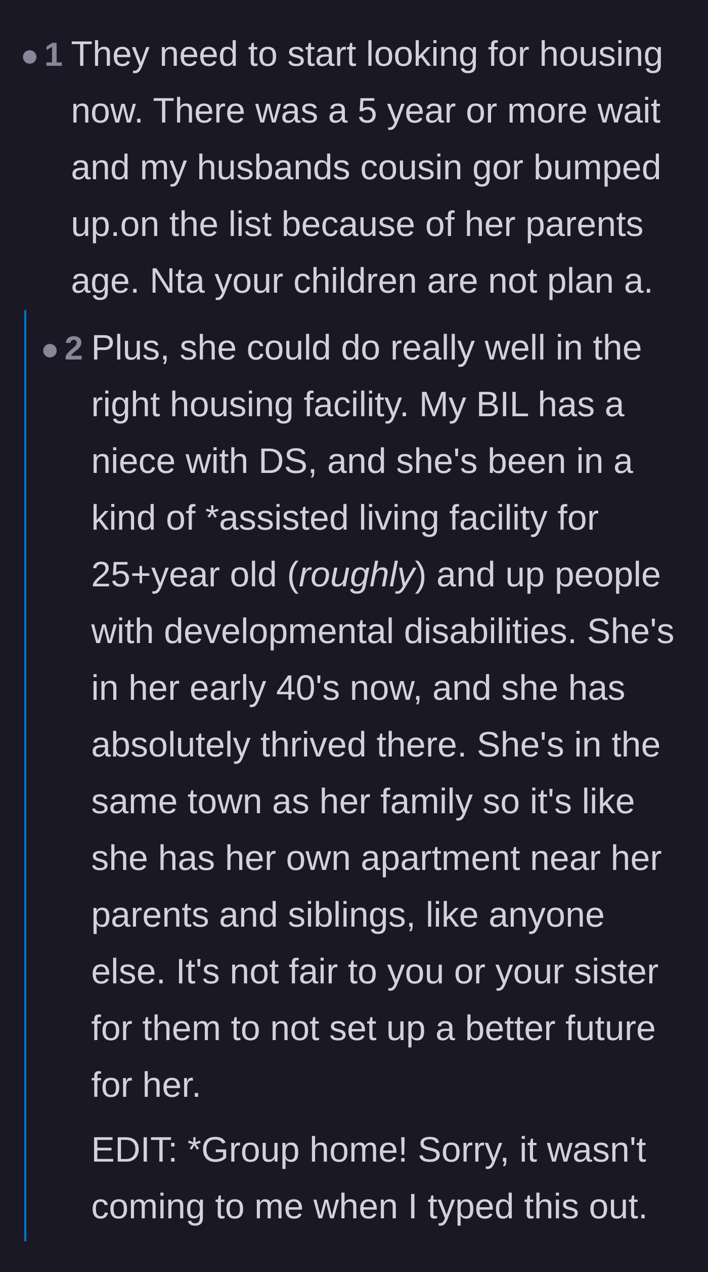 Comment thread 4 - People sharing heartwarming stories of disabled family members who found community, independence, and happiness living in assisted group homes.