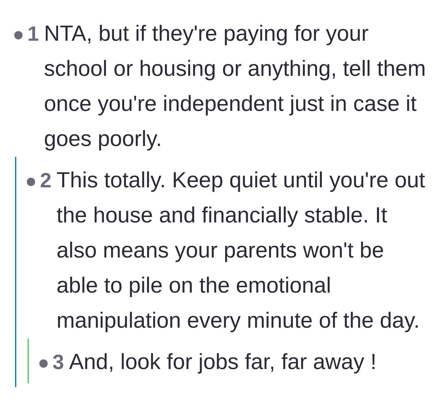 Comment thread 5 - Advice to keep quiet and secretly plan an exit strategy far away to escape the constant emotional manipulation.