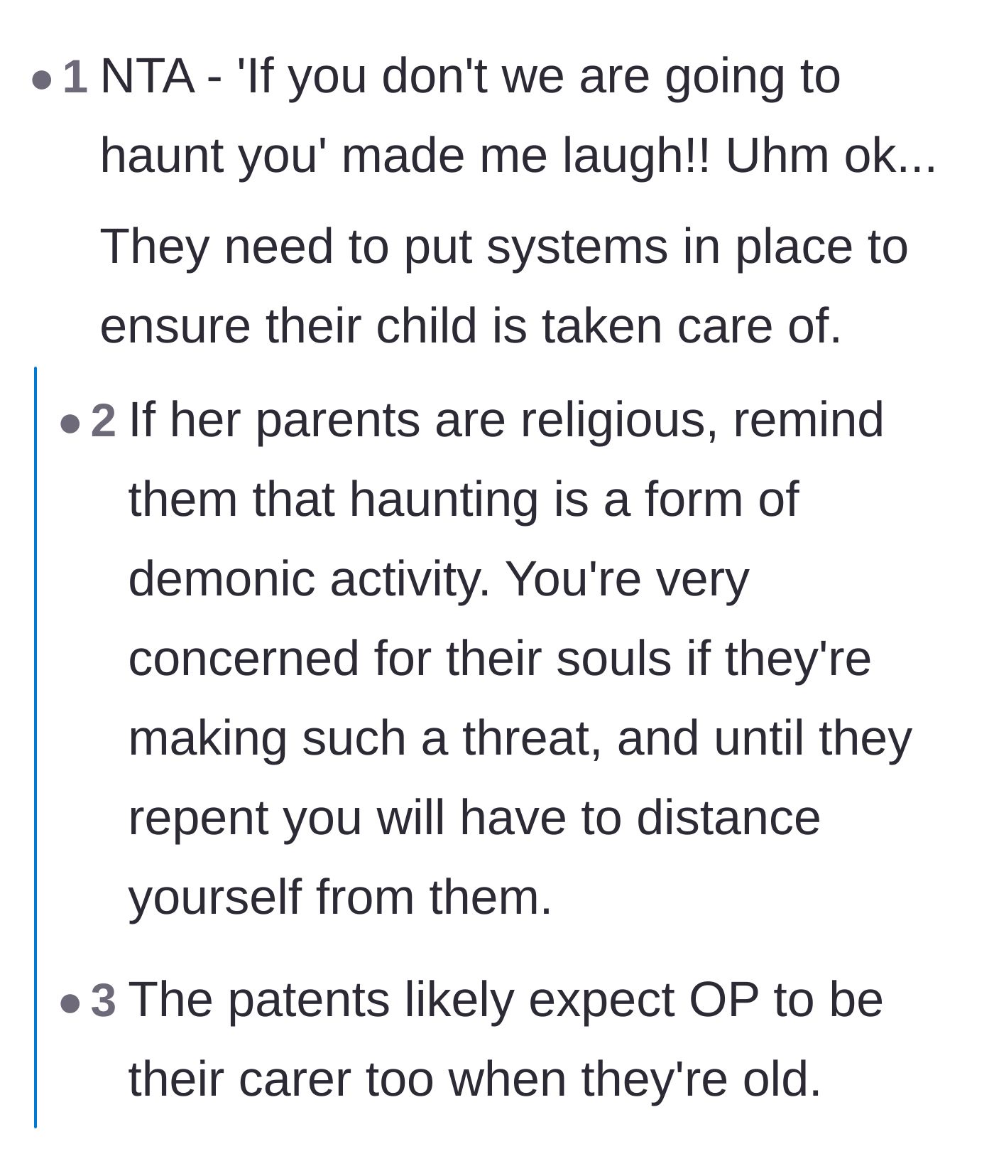 Comment thread 6 - Commenters mocking the parents' threat to haunt the author and predicting they also expect her to be their elderly caregiver.