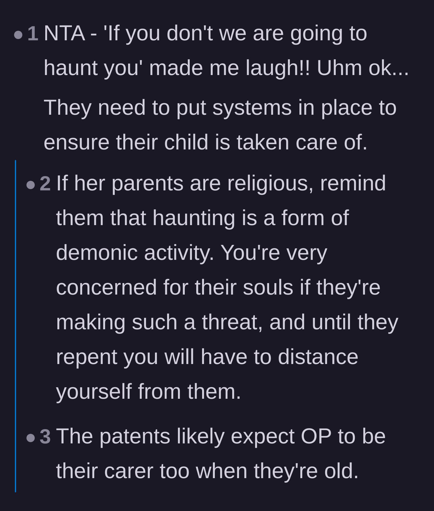 Comment thread 6 - Commenters mocking the parents' threat to haunt the author and predicting they also expect her to be their elderly caregiver.