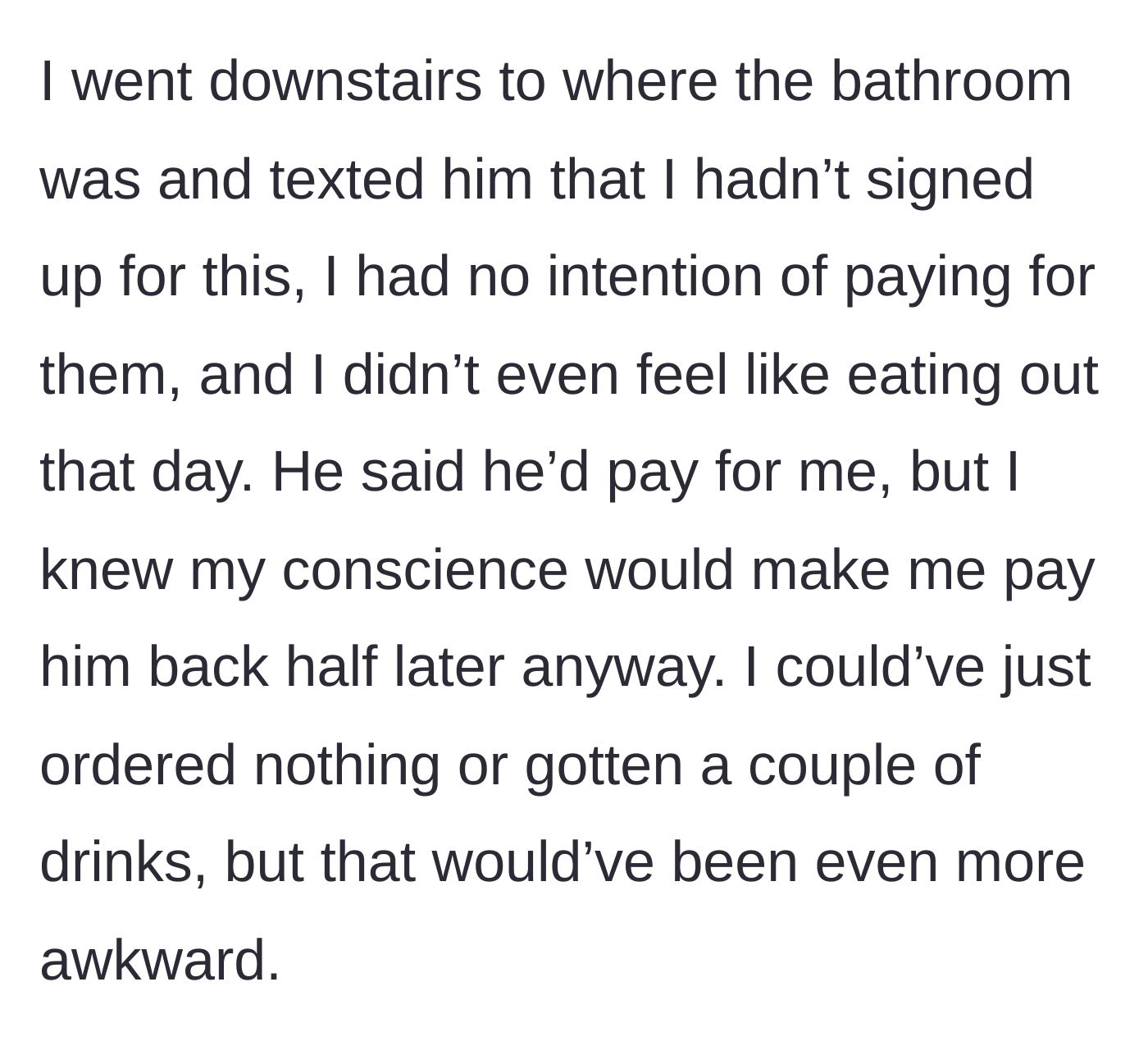 Story part 3 - The main character texts his friend from the bathroom to set a hard financial boundary.