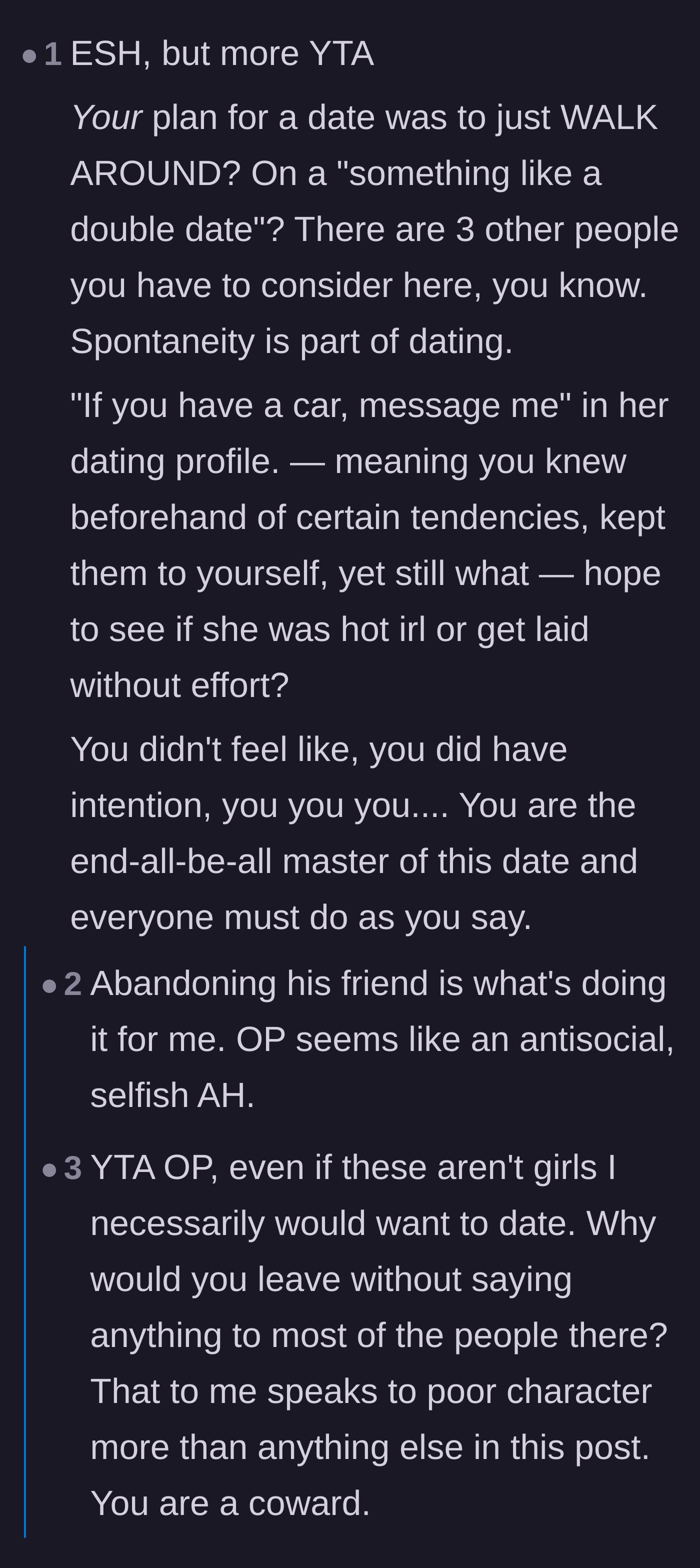Comment thread 3 - Criticism of the main character's cowardly choice to text from the bathroom instead of communicating openly.