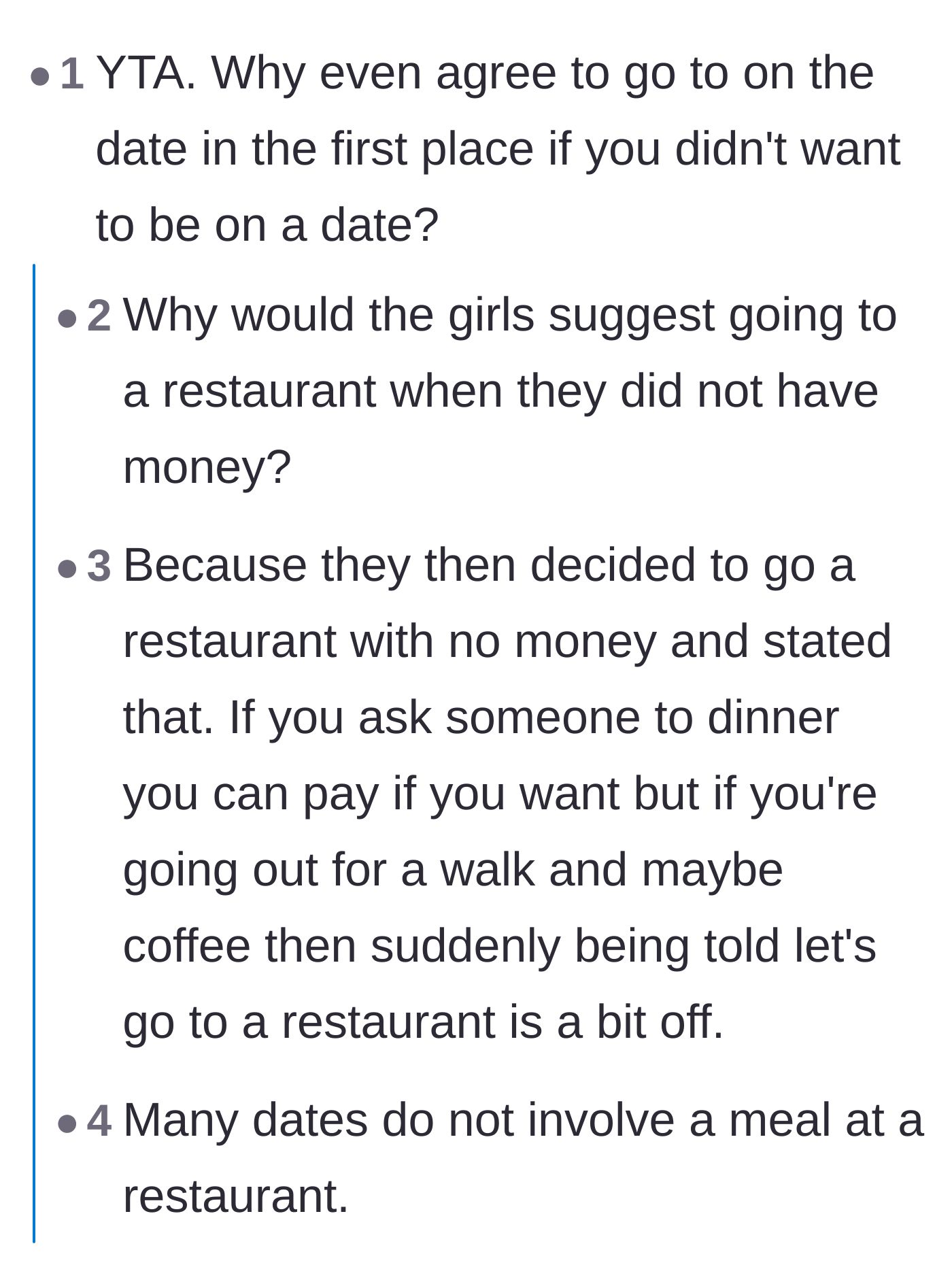 Comment thread 5 - Arguments that a walking date is inherently cheap and the main character should have expected to pay.