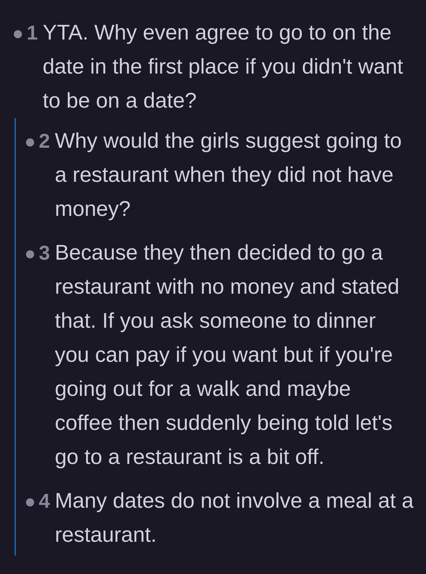 Comment thread 5 - Arguments that a walking date is inherently cheap and the main character should have expected to pay.