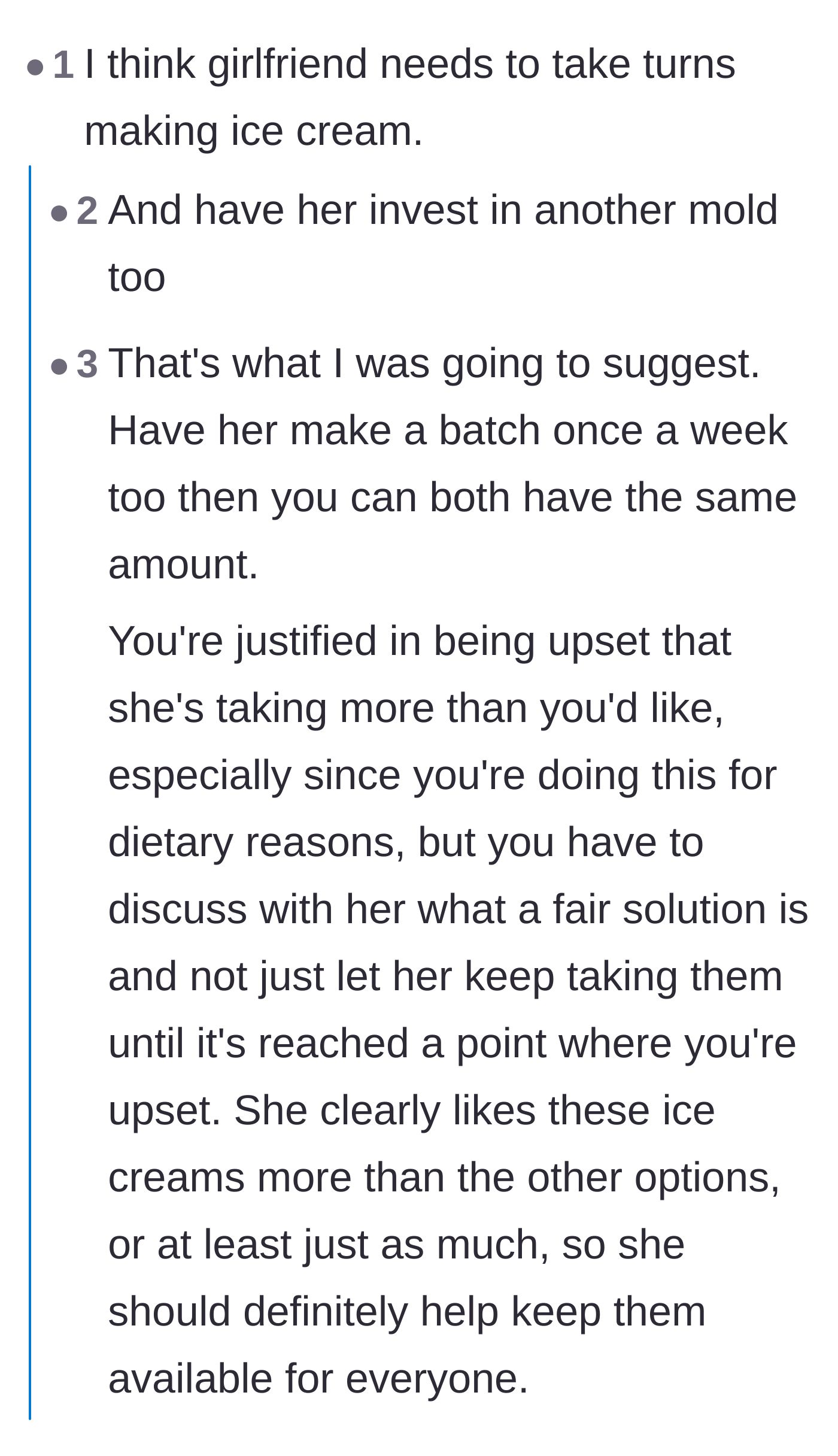 Comment thread 1 - Debating whether the girlfriend should help make the ice cream and if the boyfriend actually communicated his frustration.