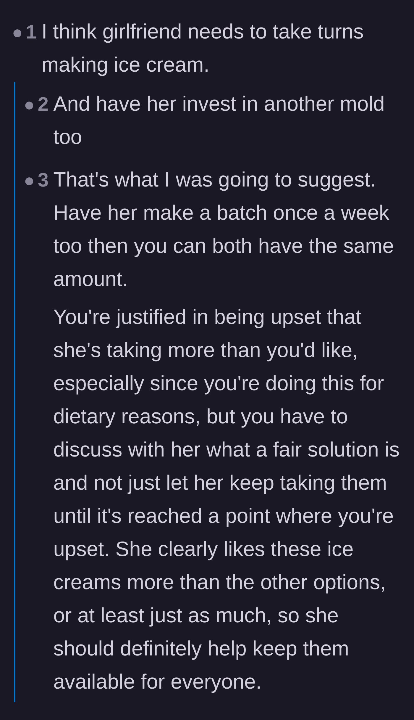 Comment thread 1 - Debating whether the girlfriend should help make the ice cream and if the boyfriend actually communicated his frustration.