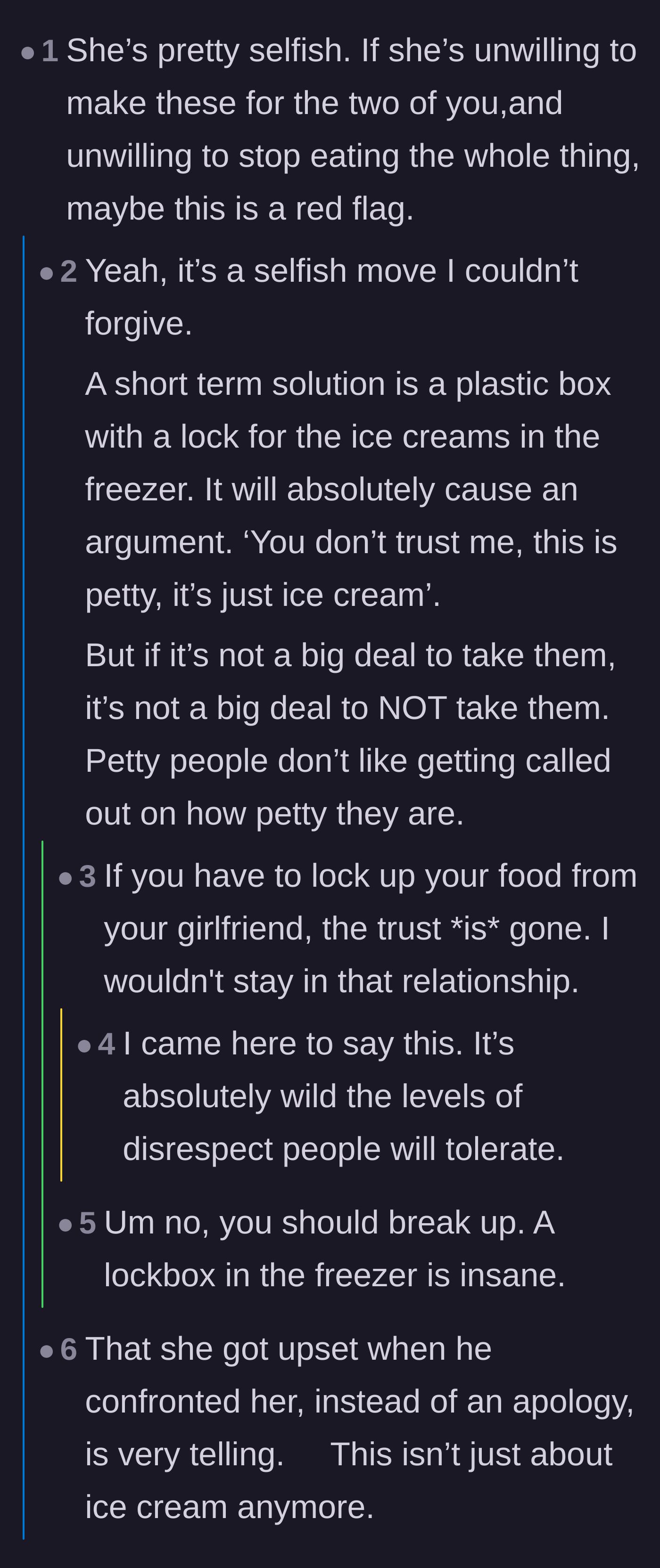 Comment thread 3 - Suggesting a freezer lockbox and questioning if the relationship is even worth saving.