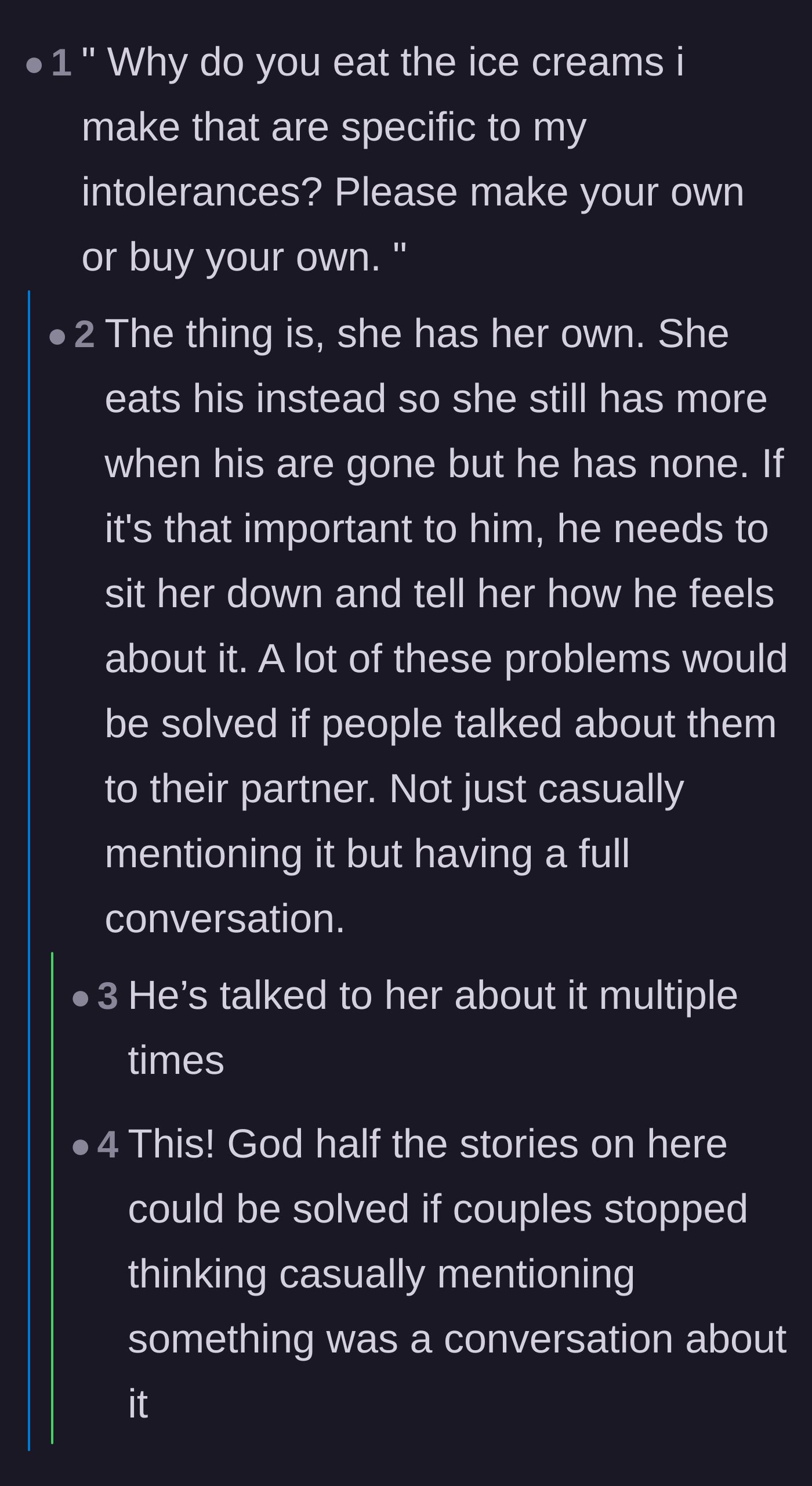 Comment thread 4 - Arguing that dropping casual hints is not the same as having a direct conversation with a partner.