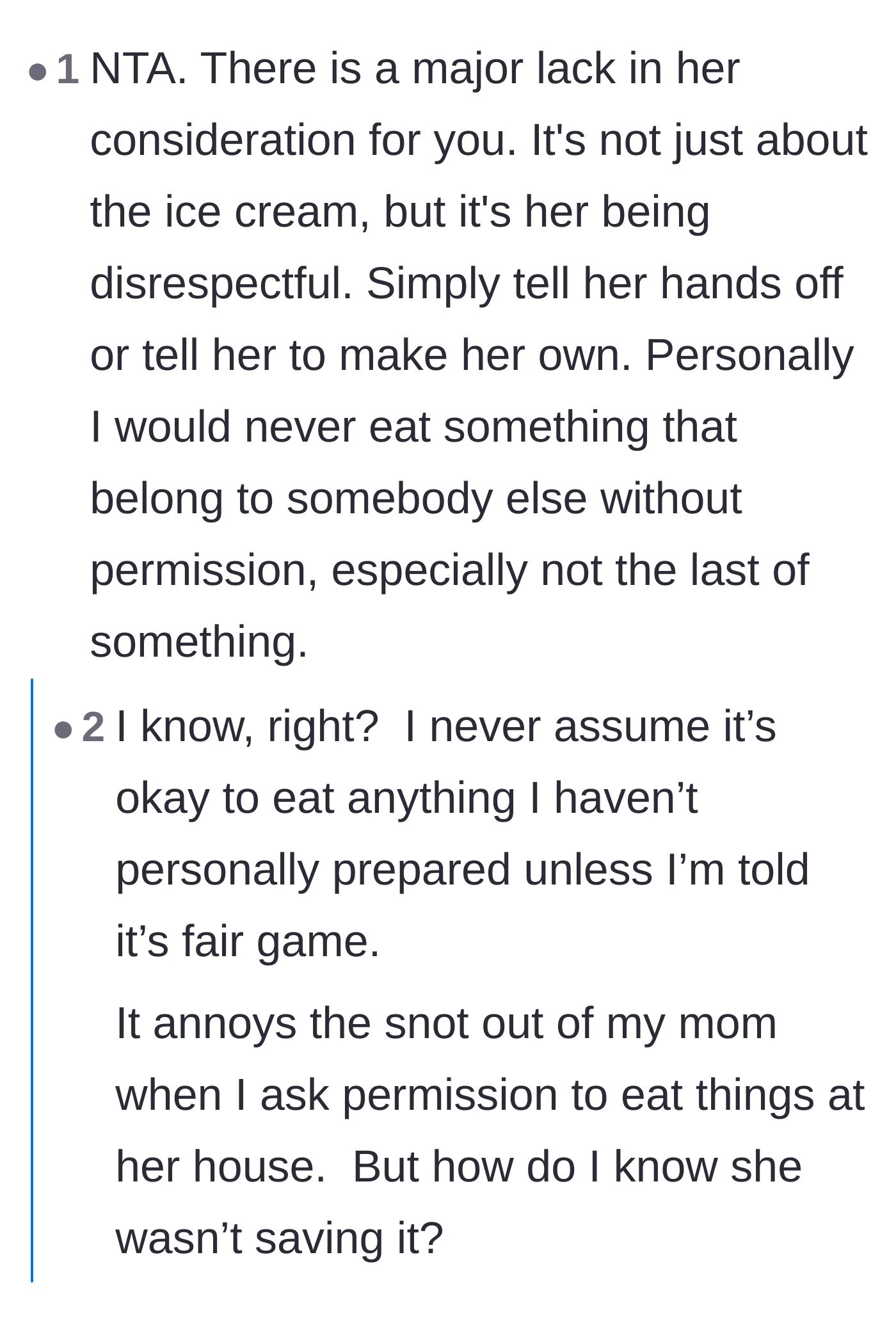 Comment thread 5 - Commenters expressing shock that anyone would eat a partner's specially made food without explicit permission.
