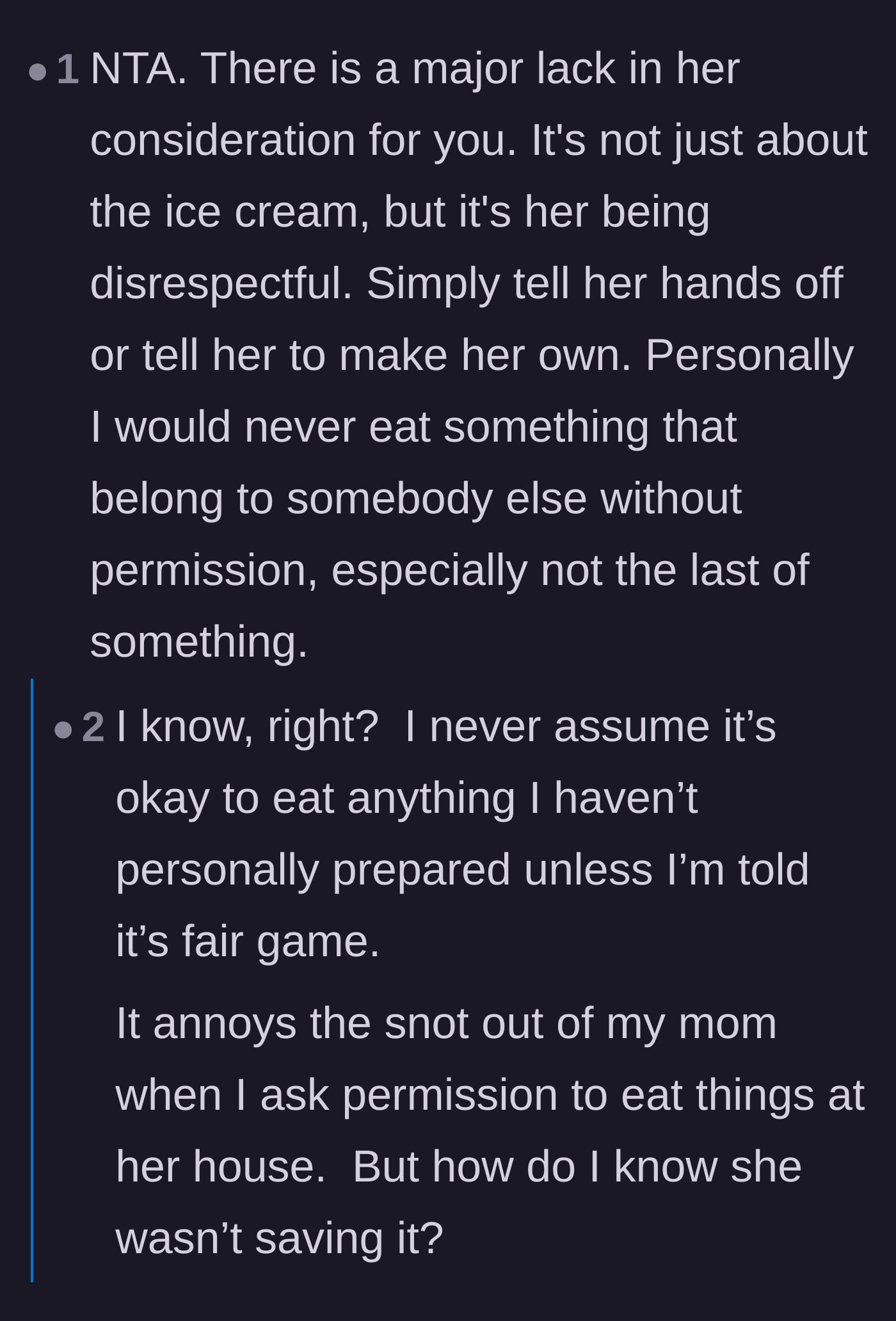 Comment thread 5 - Commenters expressing shock that anyone would eat a partner's specially made food without explicit permission.