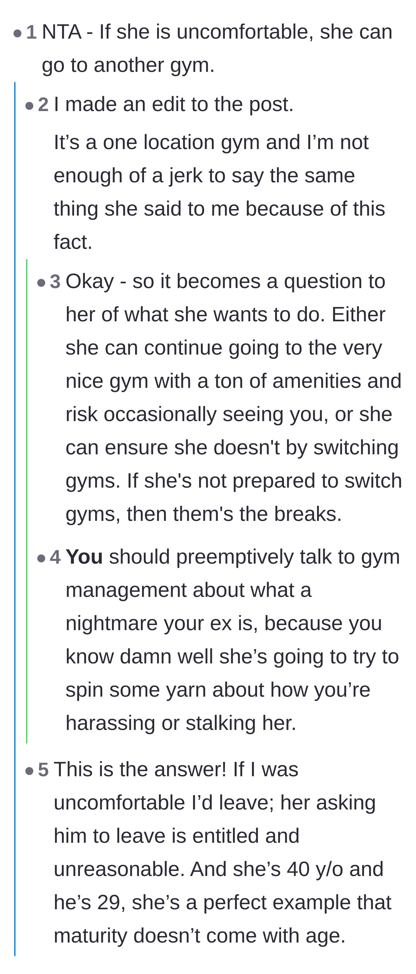 Comment thread 1 - Readers debating the logistics of shared spaces and advising him to speak to gym management.