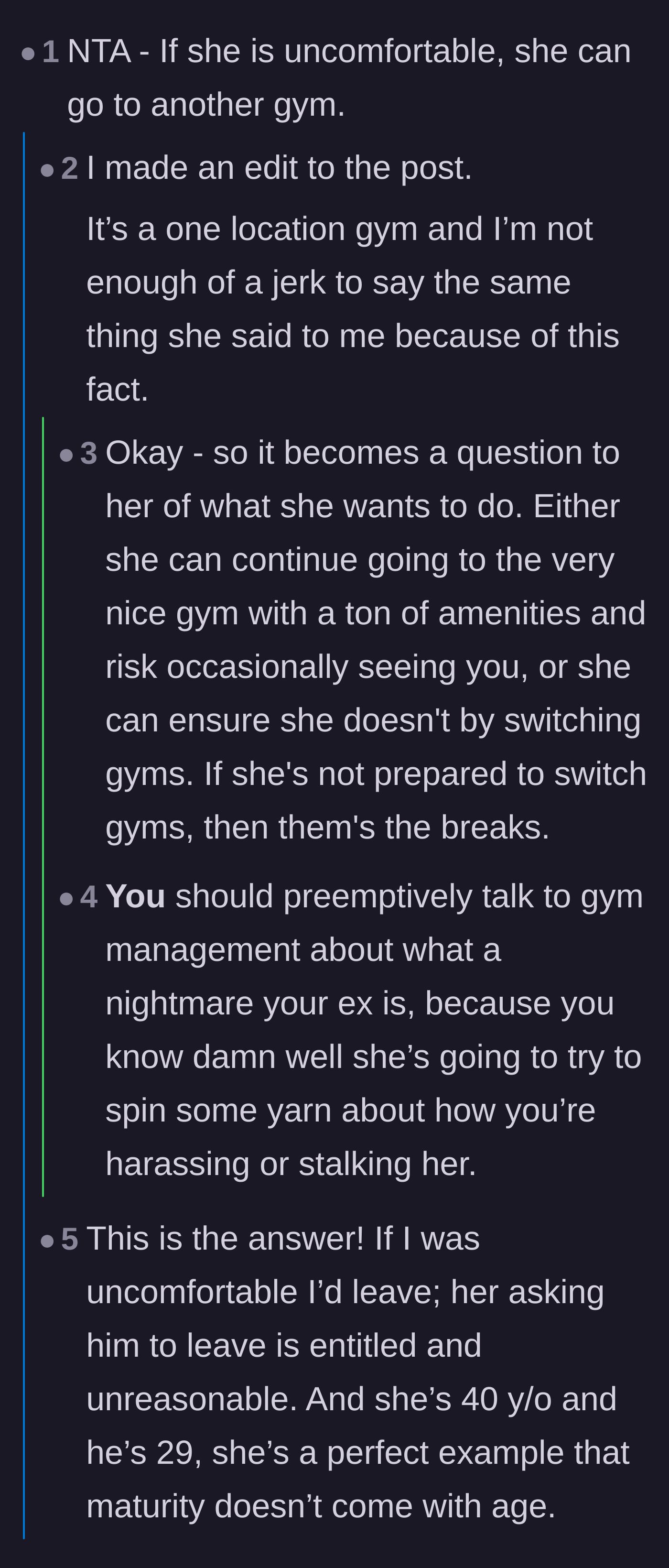 Comment thread 1 - Readers debating the logistics of shared spaces and advising him to speak to gym management.