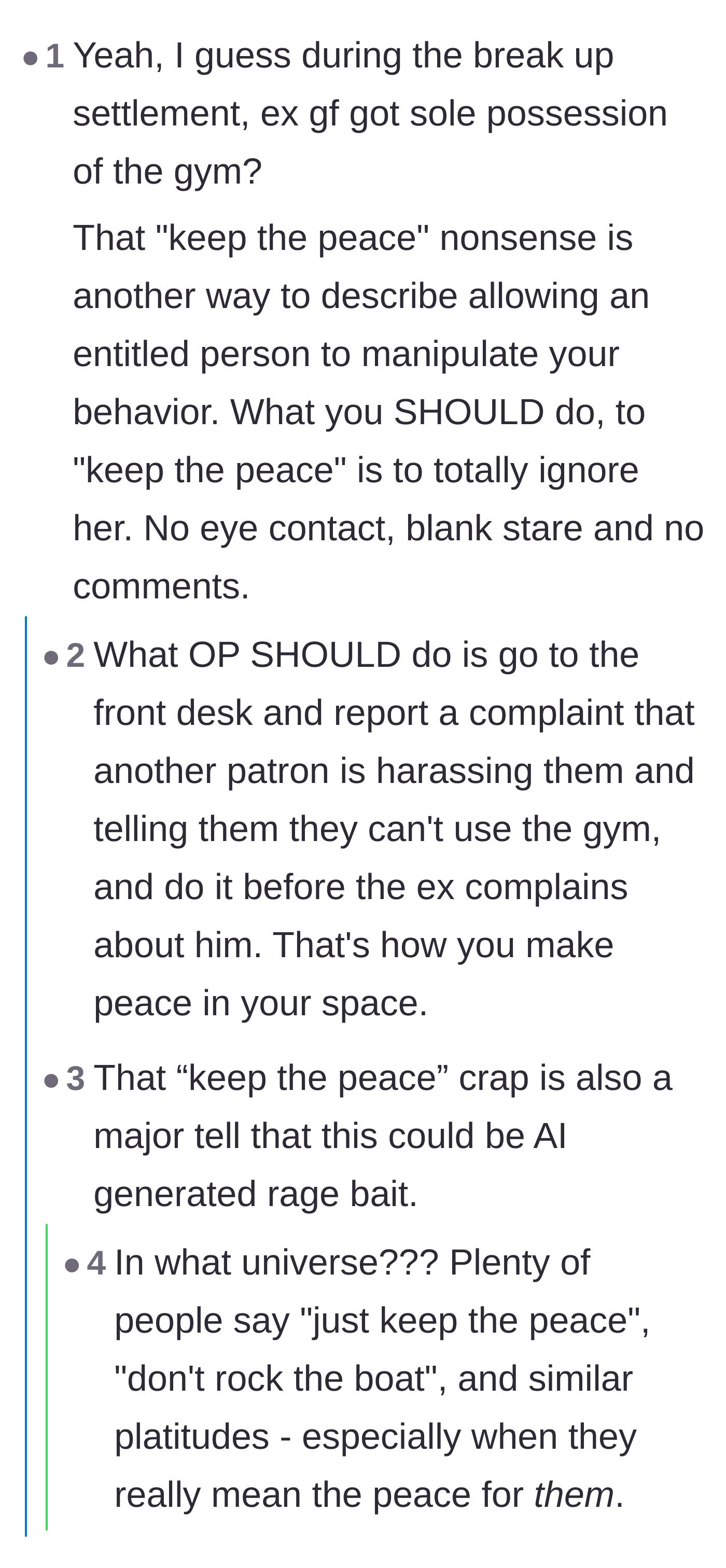 Comment thread 2 - A sarcastic take on breakup settlements and why keeping the peace is just enabling manipulation.