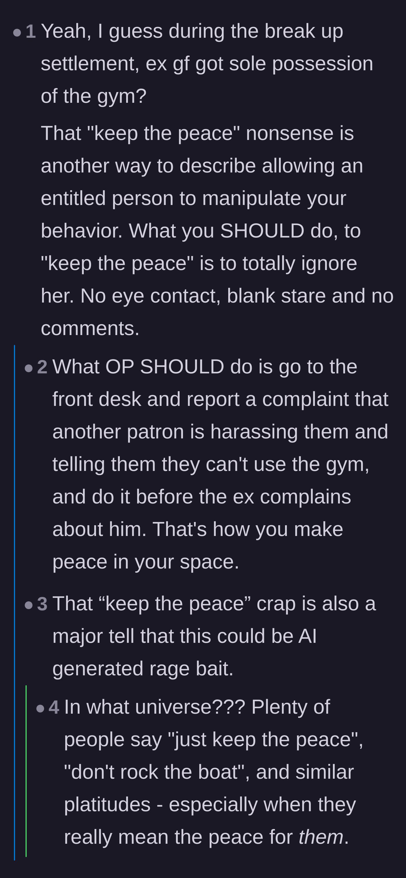 Comment thread 2 - A sarcastic take on breakup settlements and why keeping the peace is just enabling manipulation.
