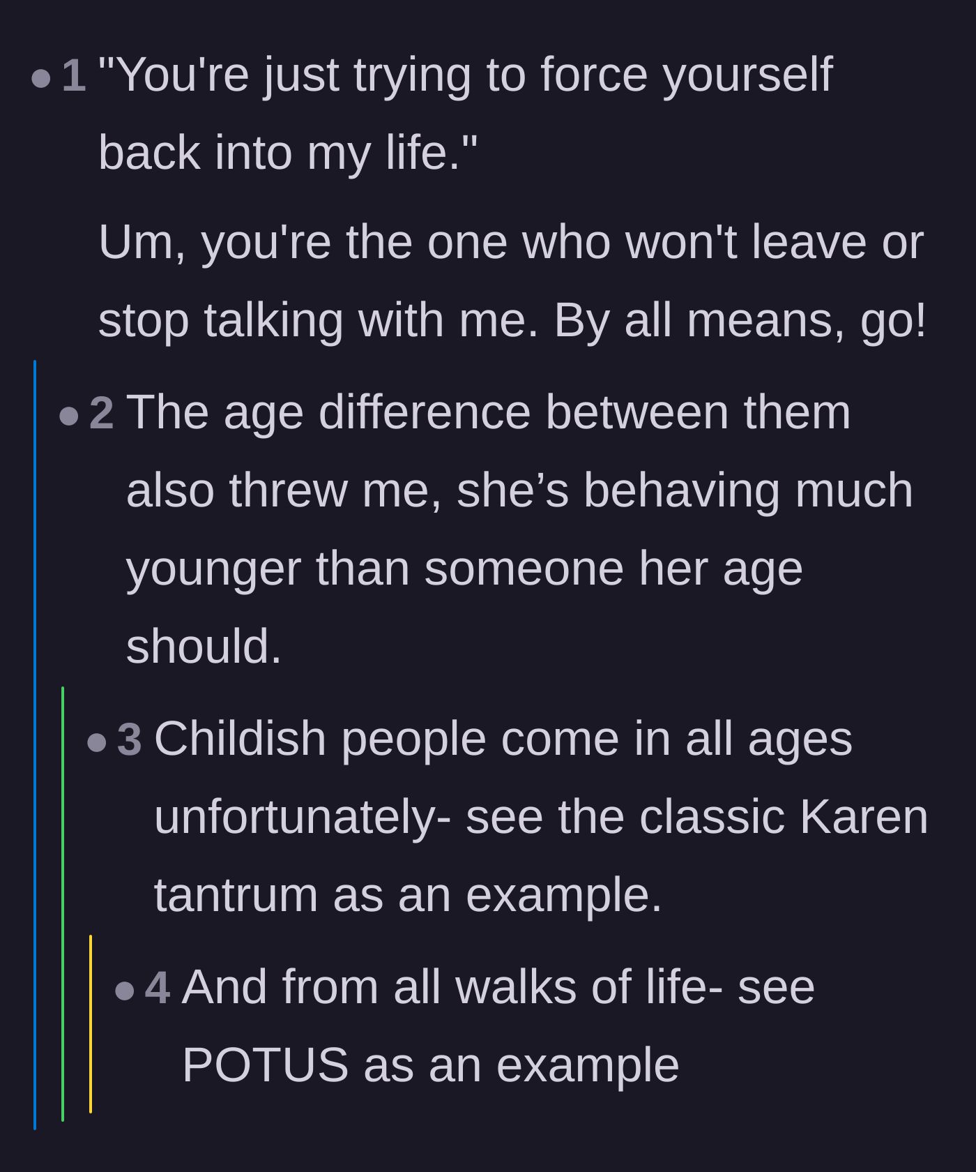 Comment thread 3 - Highlighting the sheer hypocrisy of the ex initiating contact to accuse him of stalking.