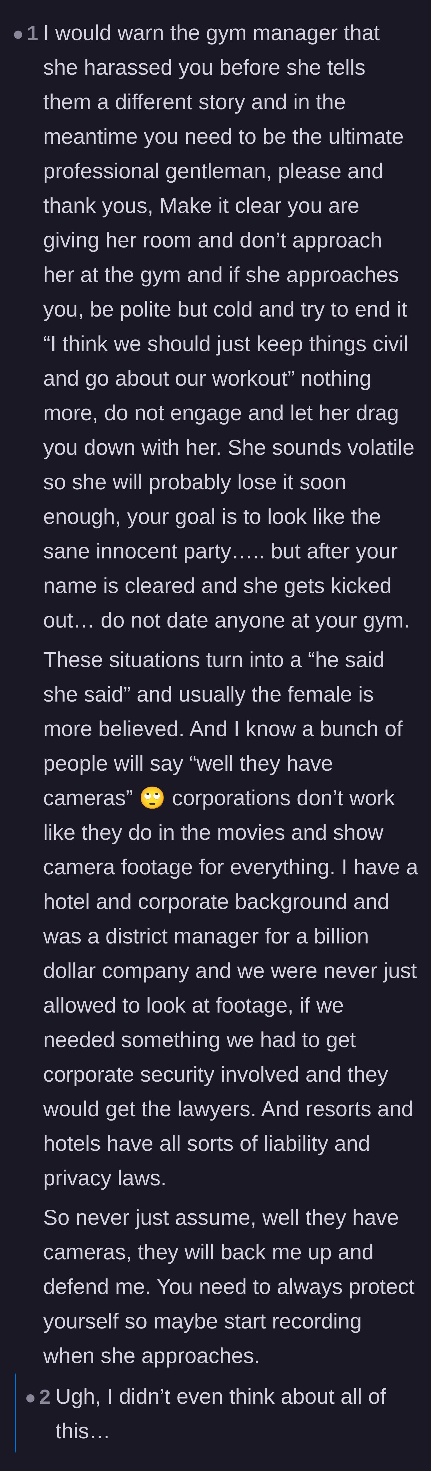 Comment thread 4 - A detailed warning from a former manager about corporate liability and protecting oneself from false accusations.