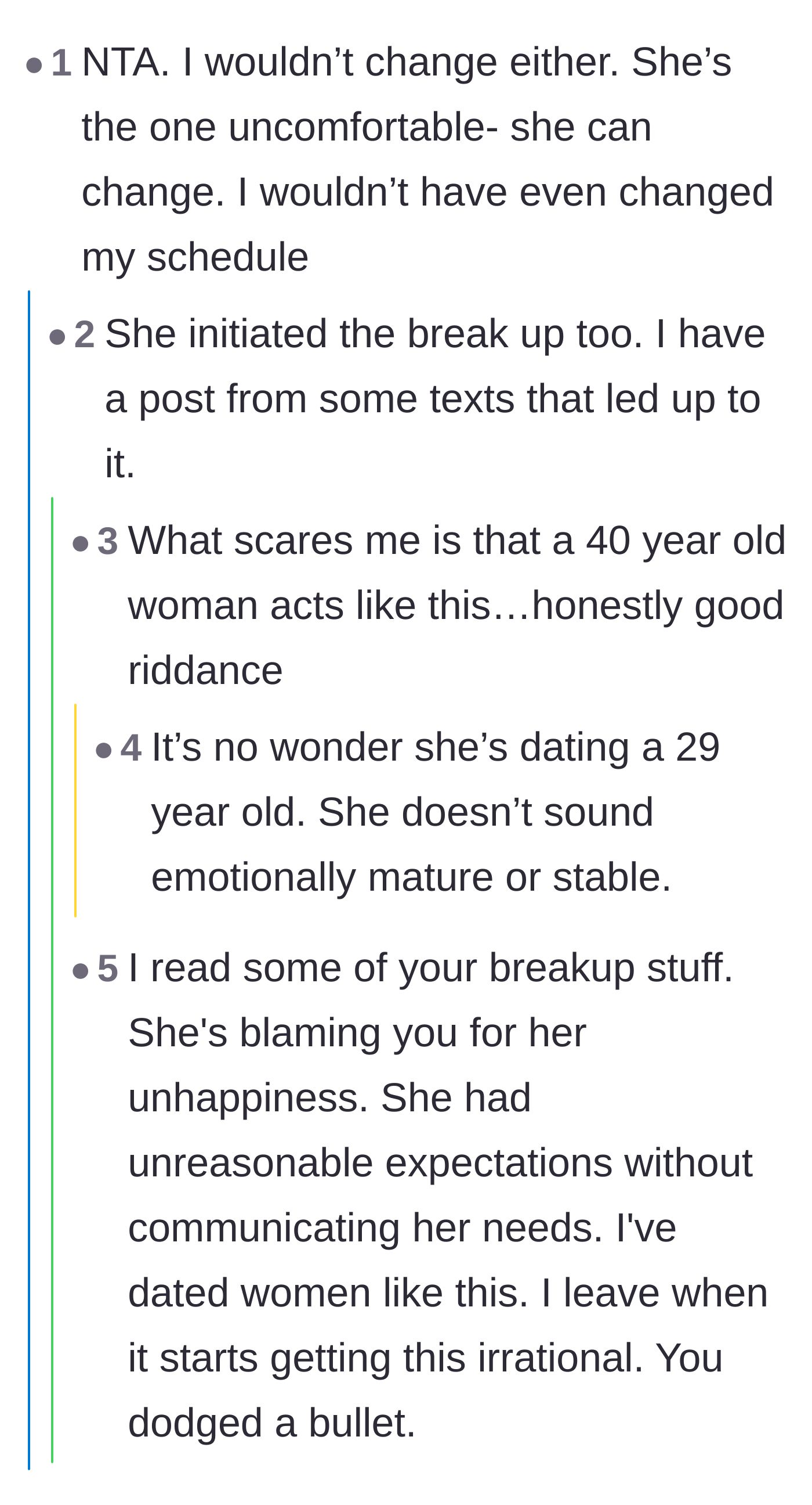 Comment thread 5 - A discussion on the 40-year-old ex's severe lack of emotional maturity and why he dodged a bullet.