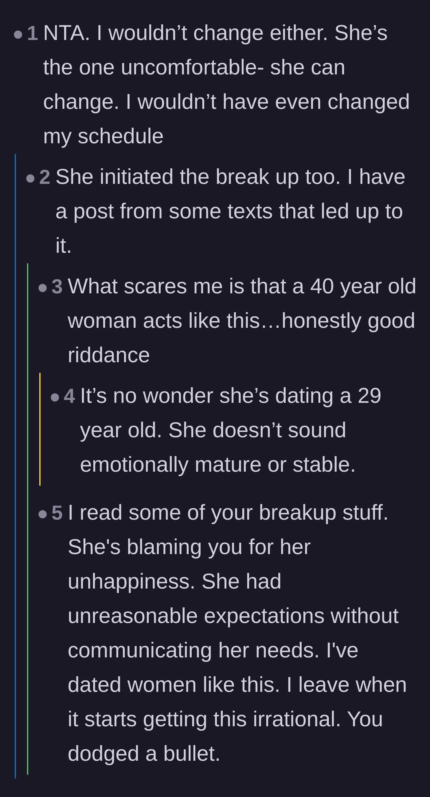 Comment thread 5 - A discussion on the 40-year-old ex's severe lack of emotional maturity and why he dodged a bullet.