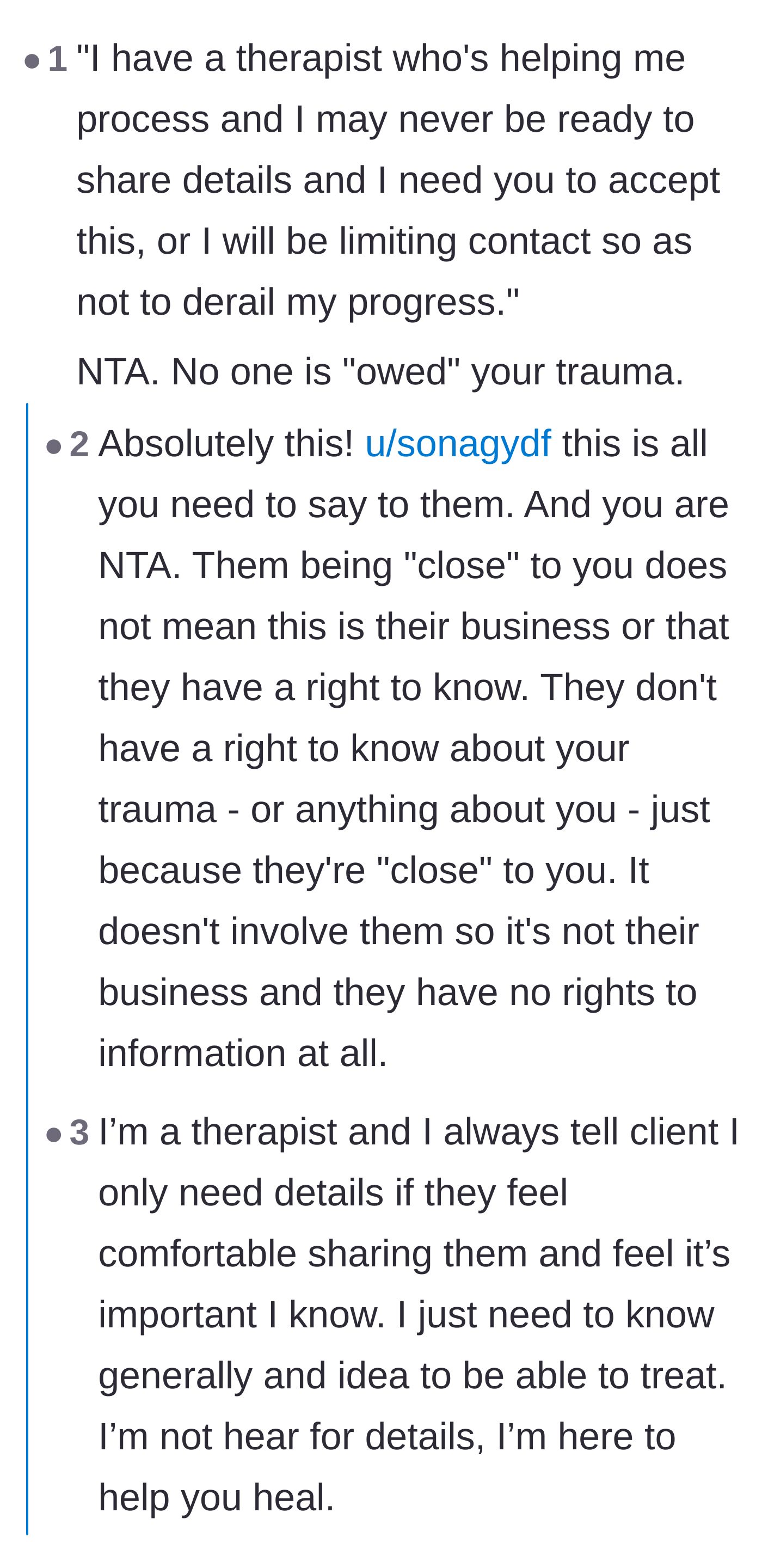 Comment thread 1 - Readers offer firm scripts to set boundaries and warn that the acquaintance will likely weaponize the trauma.