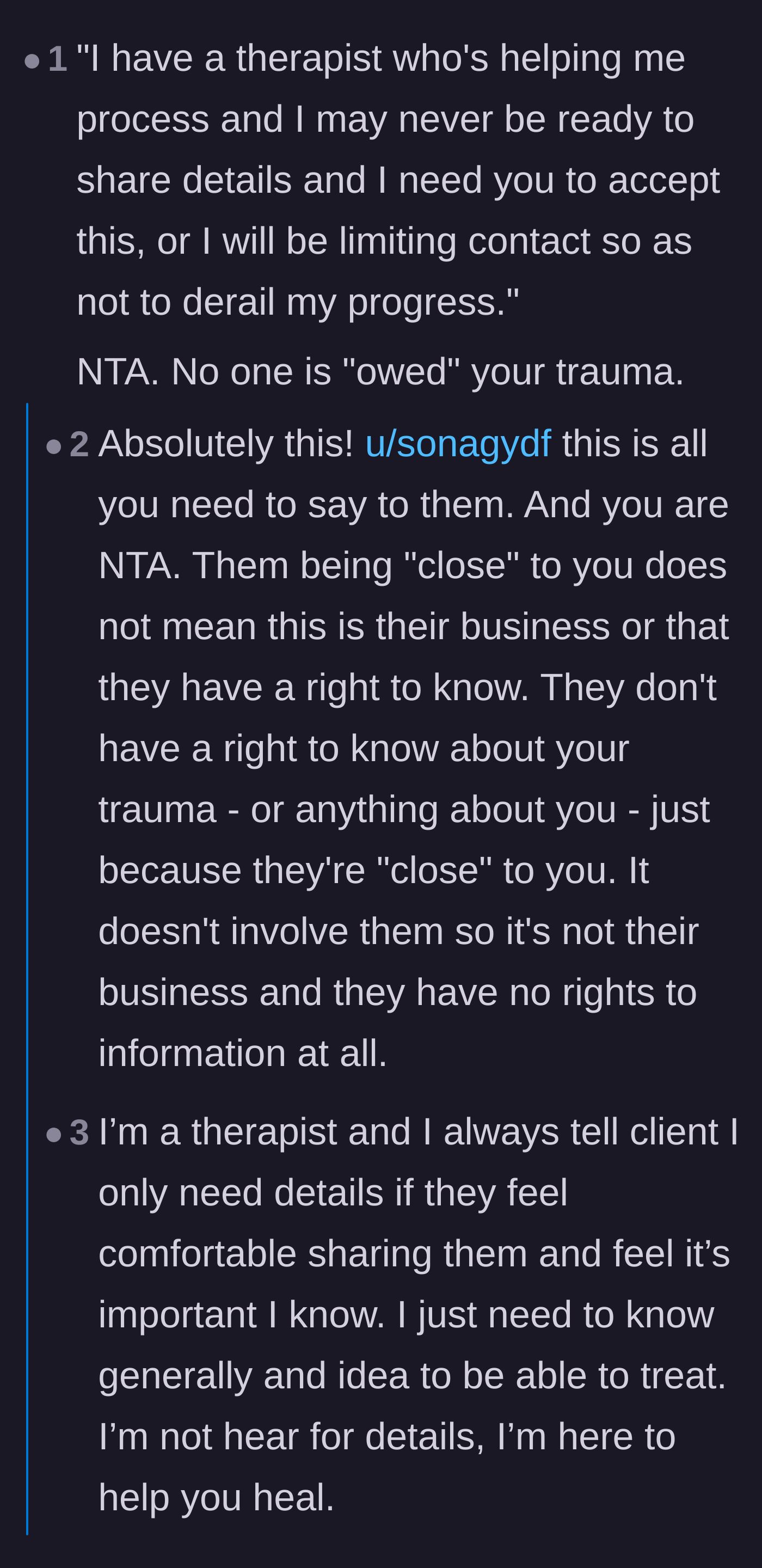 Comment thread 1 - Readers offer firm scripts to set boundaries and warn that the acquaintance will likely weaponize the trauma.