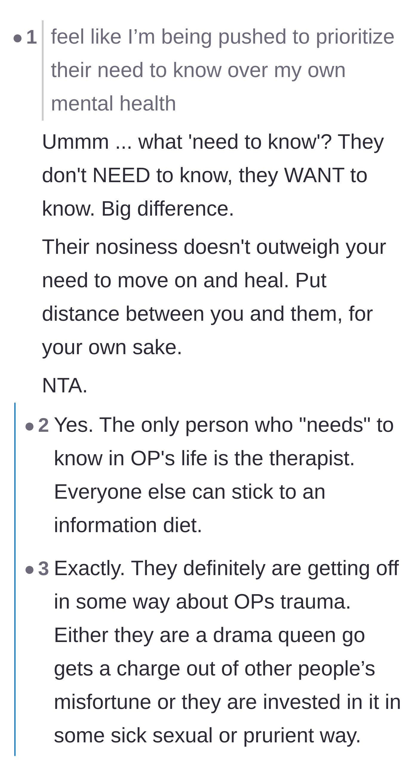 Comment thread 3 - Discussion differentiating the acquaintance's desire for gossip from a genuine need to know.