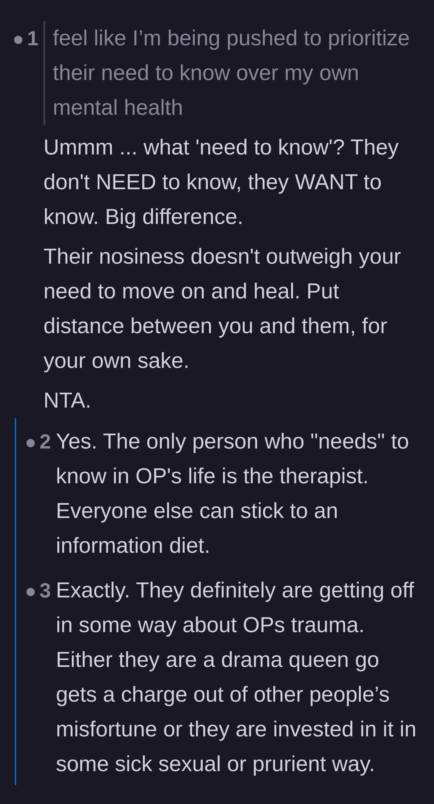 Comment thread 3 - Discussion differentiating the acquaintance's desire for gossip from a genuine need to know.