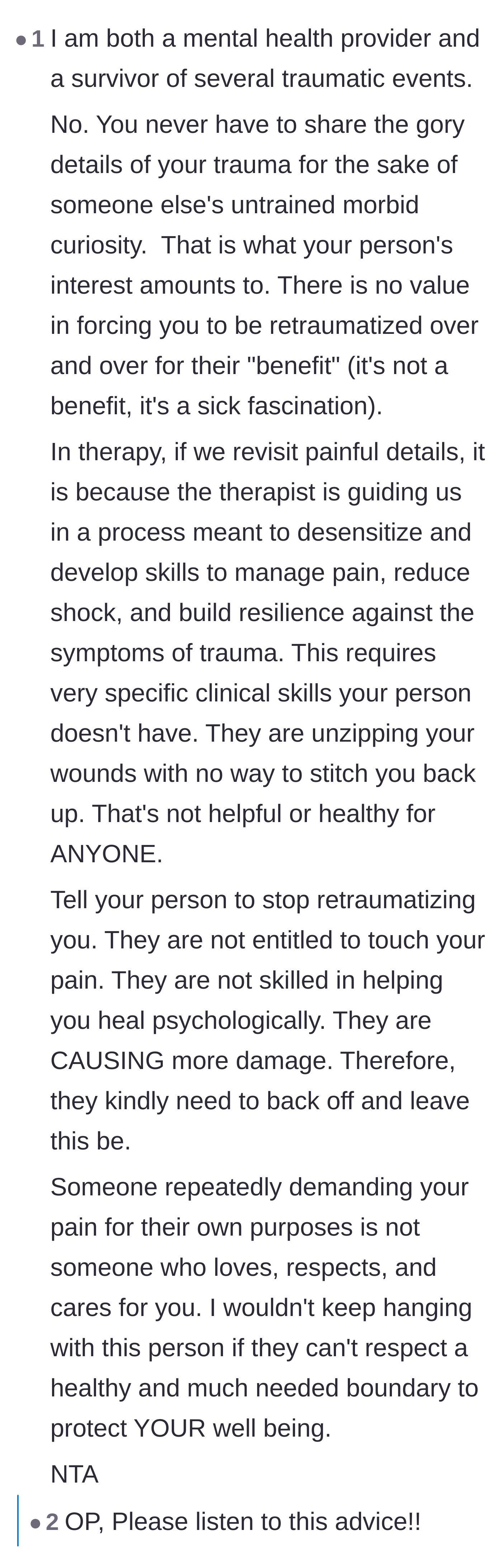 Comment thread 6 - A mental health professional explains the clinical danger of untrained individuals unzipping emotional wounds.