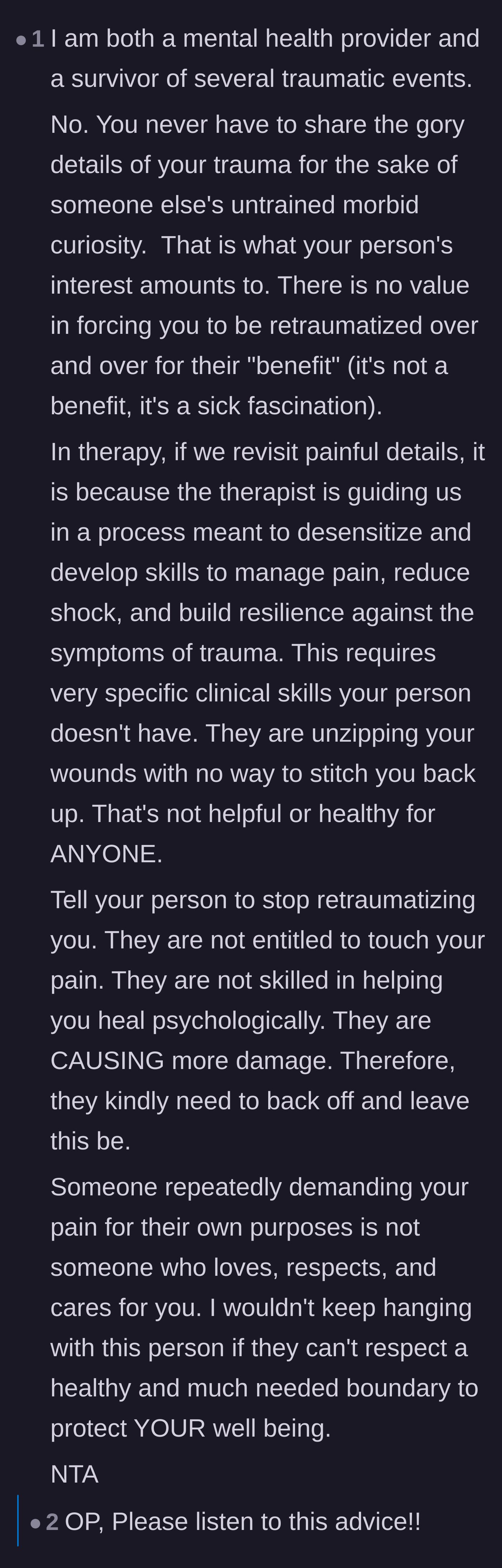 Comment thread 6 - A mental health professional explains the clinical danger of untrained individuals unzipping emotional wounds.