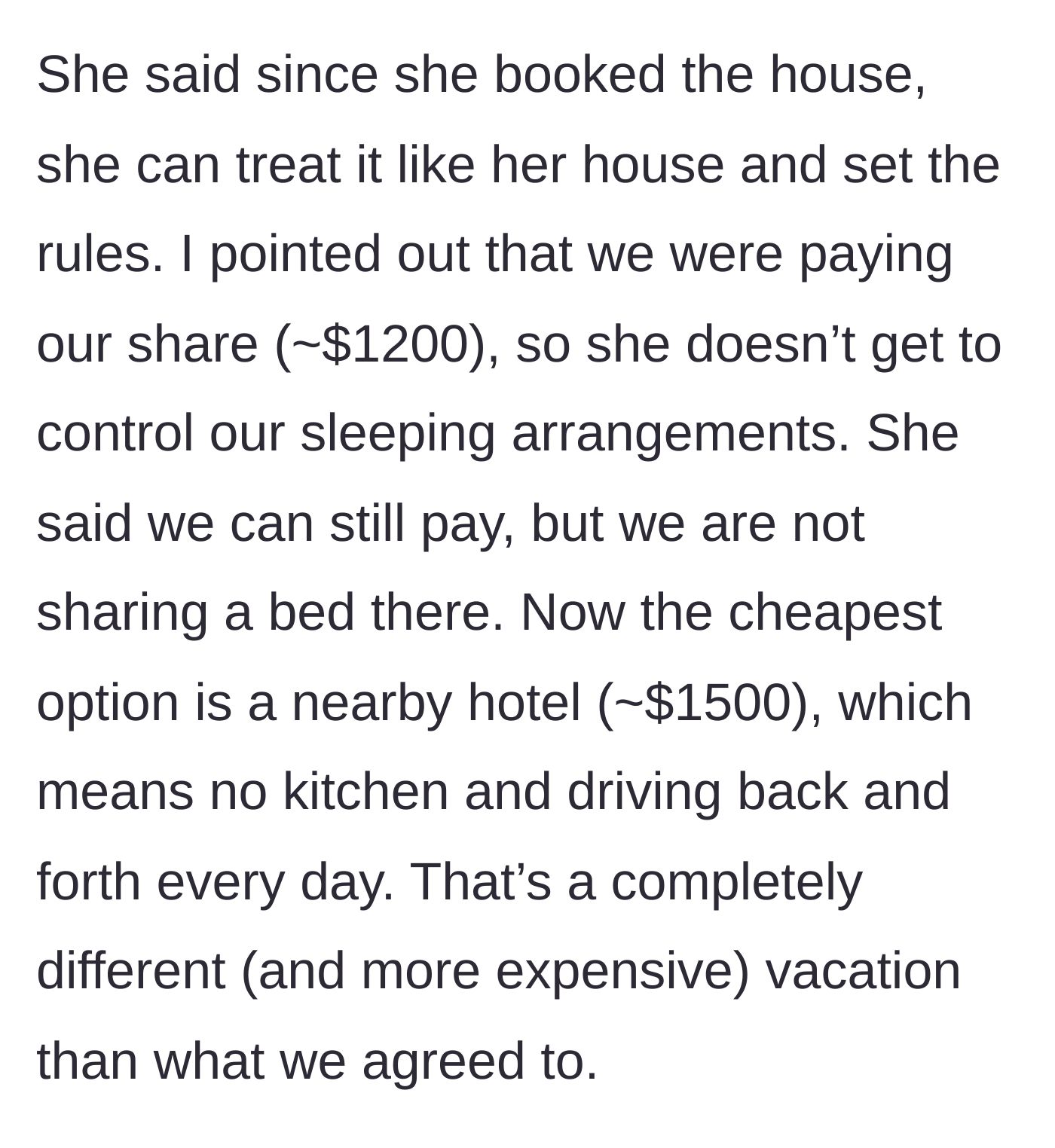 Story part 4 - The mother demands the couple still pay their $1,200 share even if they aren't allowed to share a bed, leaving them with an expensive $1,500 hotel alternative.