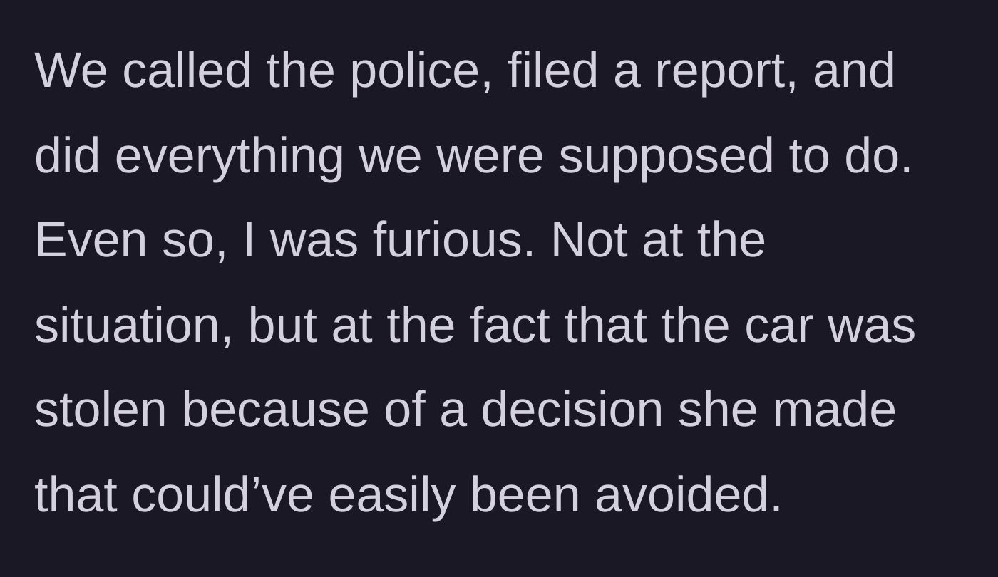 Story part 4 - Filing the police report as the main character realizes his anger stems from the sheer avoidability of the situation.