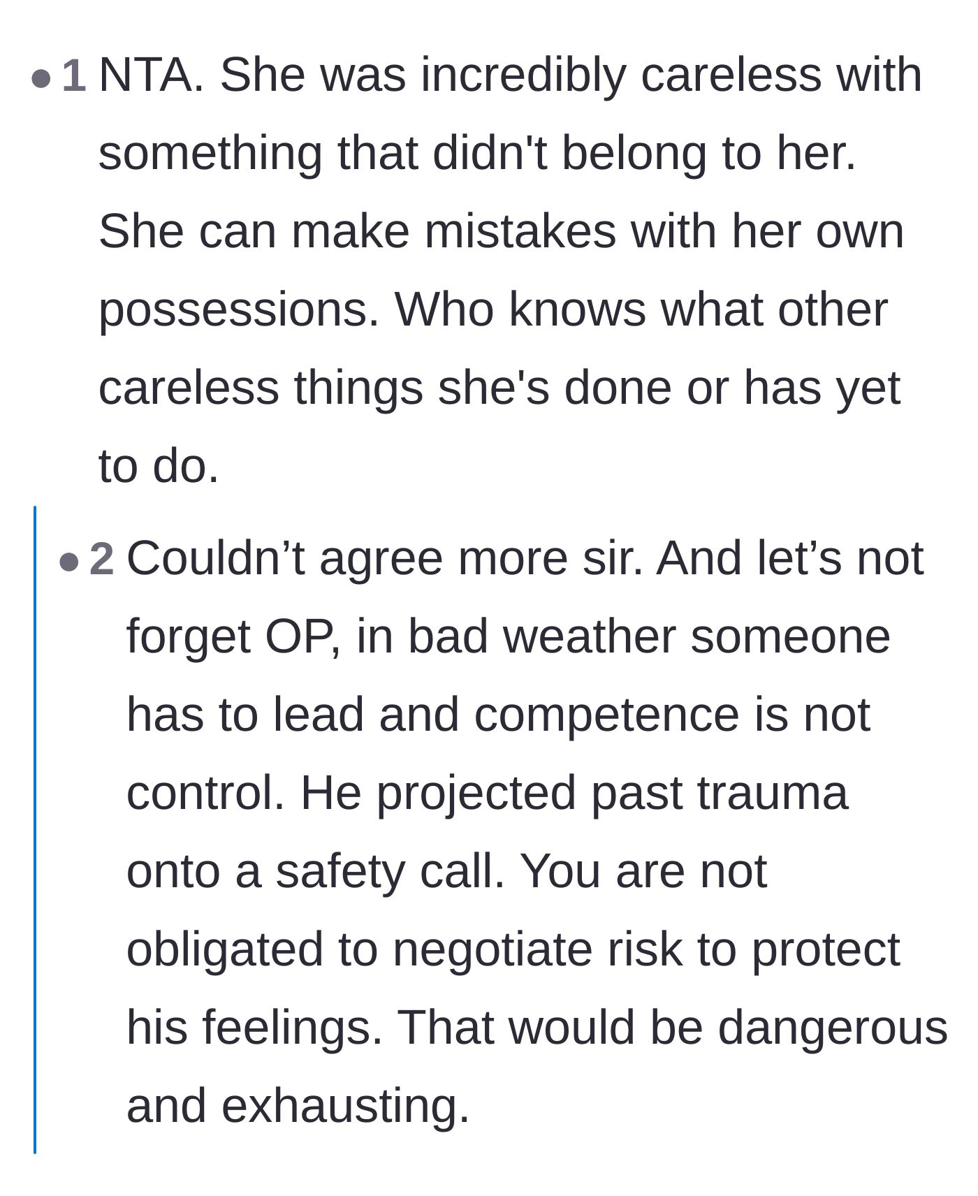 Comment thread 2 - A discussion on how mishandling a partner's belongings indicates a deeper inability to make safe life choices.