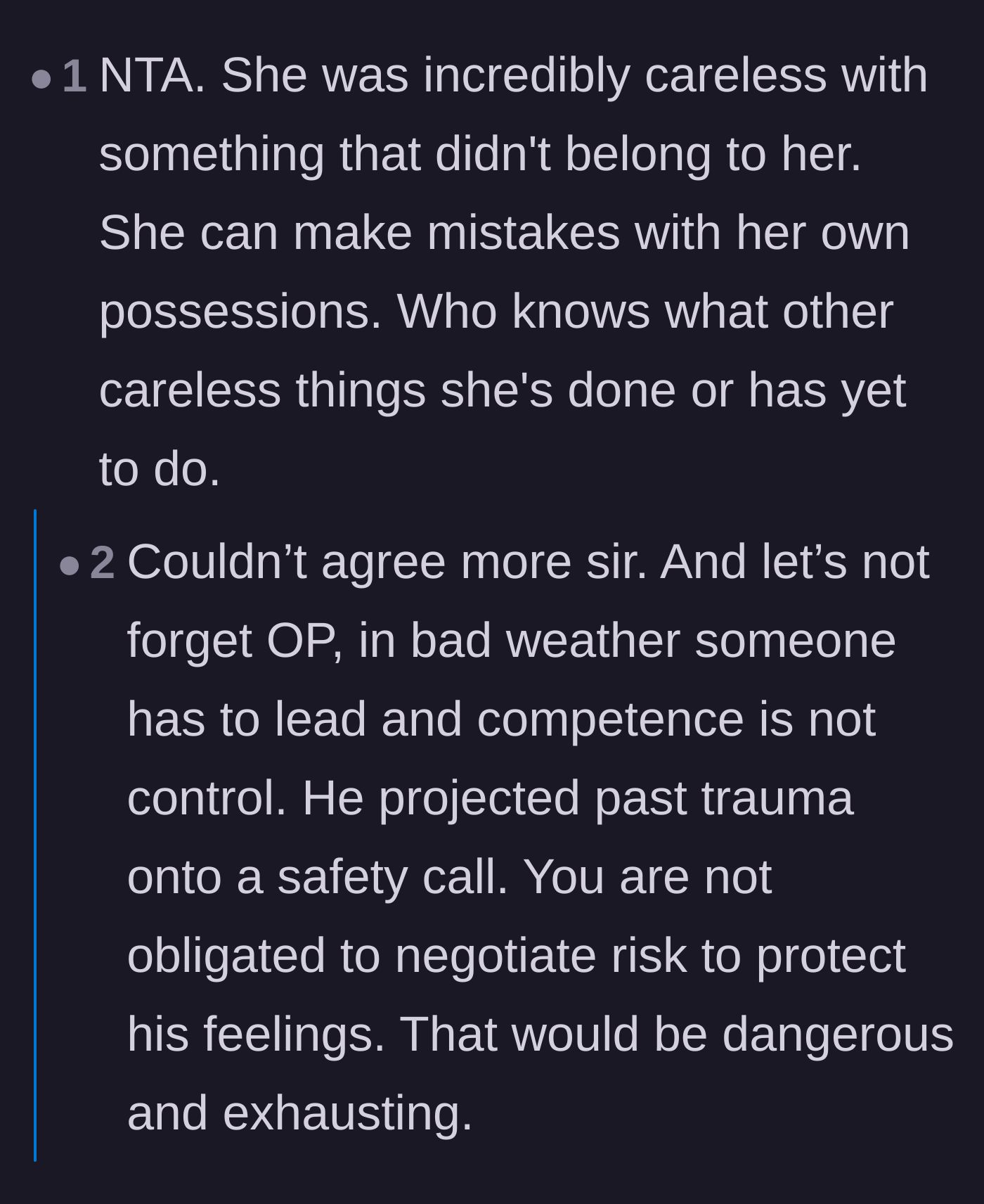 Comment thread 2 - A discussion on how mishandling a partner's belongings indicates a deeper inability to make safe life choices.