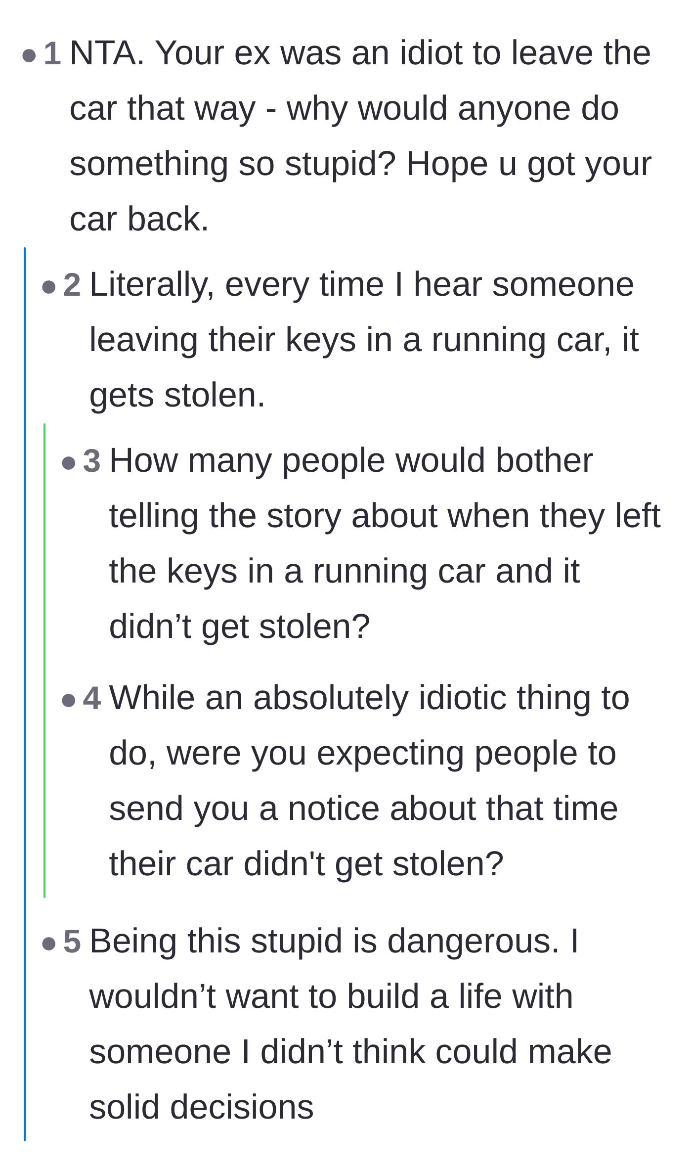 Comment thread 3 - Commenters share contrasting regional experiences about leaving cars running and the inevitable consequences of doing so in the wrong area.