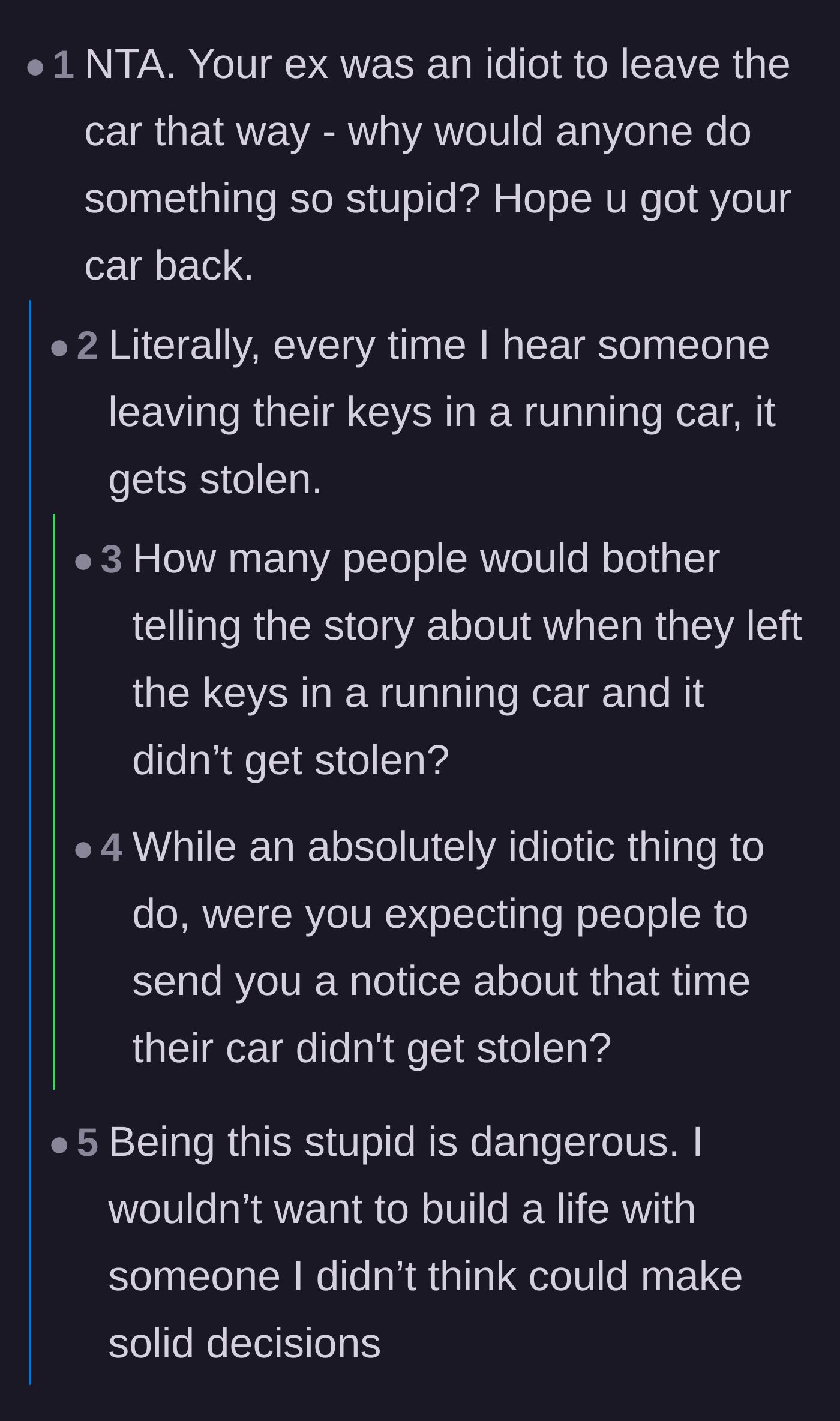 Comment thread 3 - Commenters share contrasting regional experiences about leaving cars running and the inevitable consequences of doing so in the wrong area.
