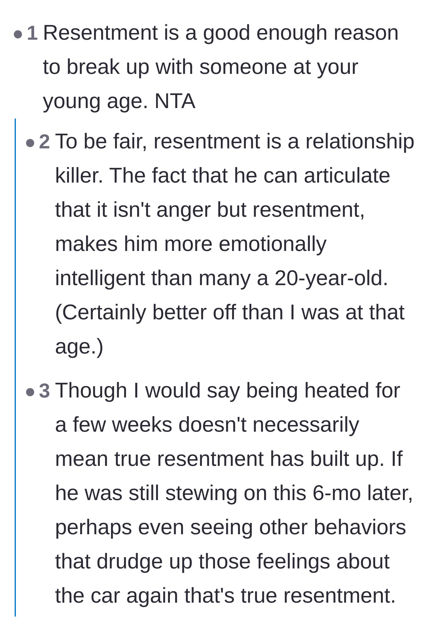 Comment thread 5 - Readers praise the original poster's emotional maturity in identifying resentment as a valid dealbreaker.