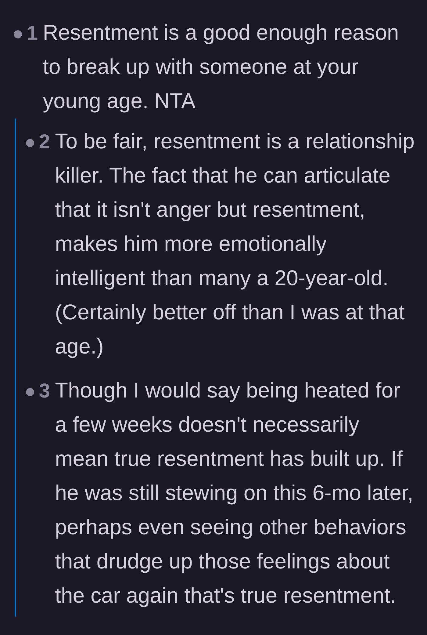Comment thread 5 - Readers praise the original poster's emotional maturity in identifying resentment as a valid dealbreaker.