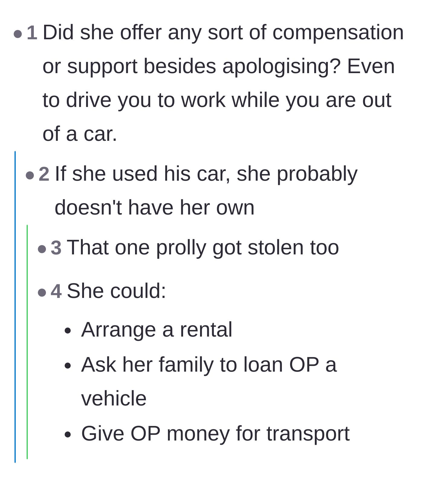 Comment thread 6 - A practical discussion on whether the girlfriend offered tangible compensation or merely emotional apologies.