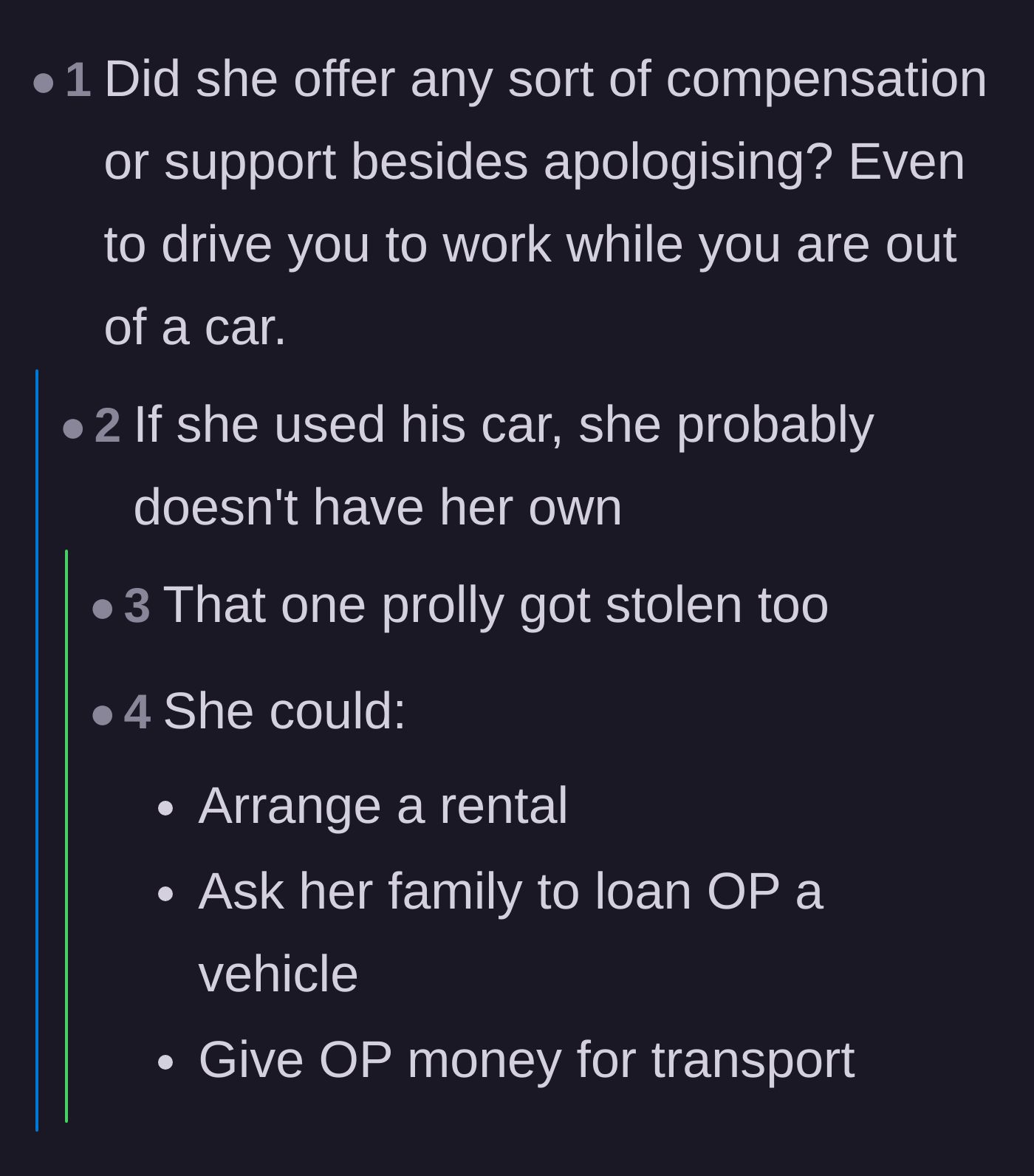 Comment thread 6 - A practical discussion on whether the girlfriend offered tangible compensation or merely emotional apologies.