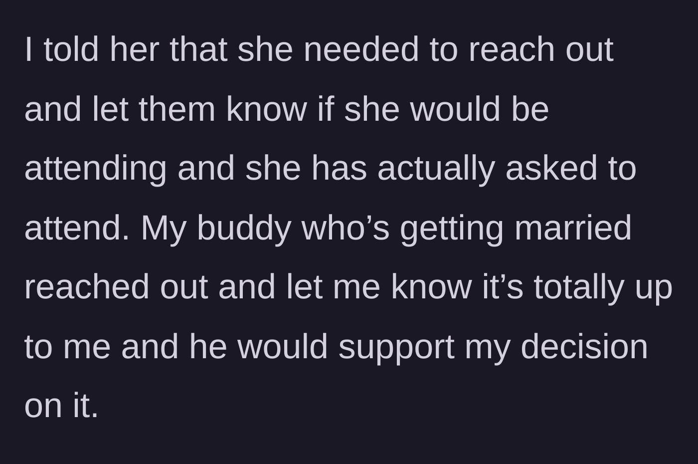 Story part 4 - The ex boldly asks to still attend the wedding, but the groom leaves the decision to the main character.