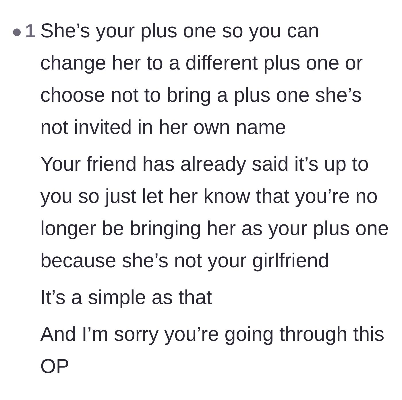 Comment thread 1 - Advice on simply revoking the plus-one status and offering sympathy to the heartbroken main character