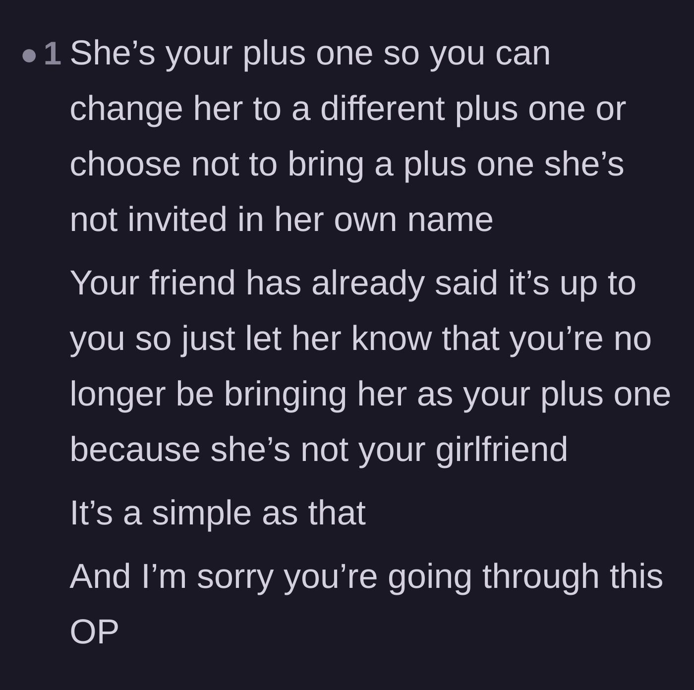 Comment thread 1 - Advice on simply revoking the plus-one status and offering sympathy to the heartbroken main character