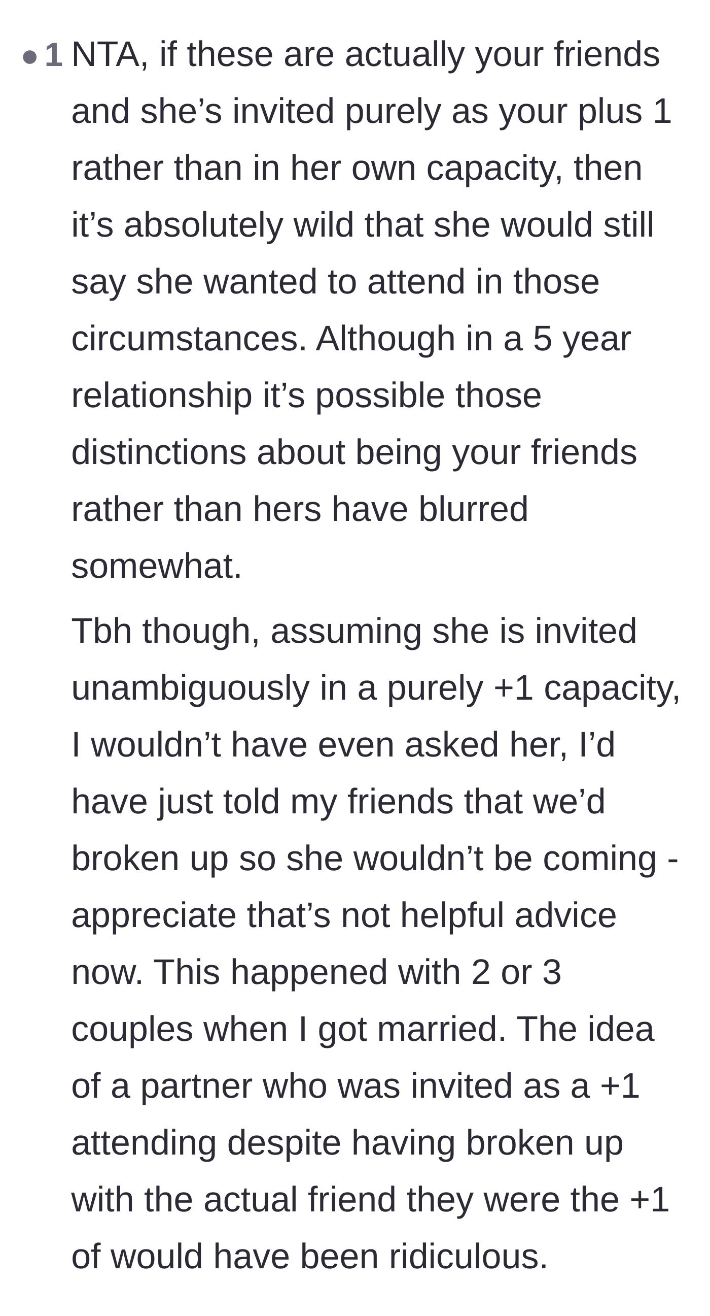 Comment thread 2 - A commenter shares their own wedding experience to prove how ridiculous it is for an ex to attend as a plus-one