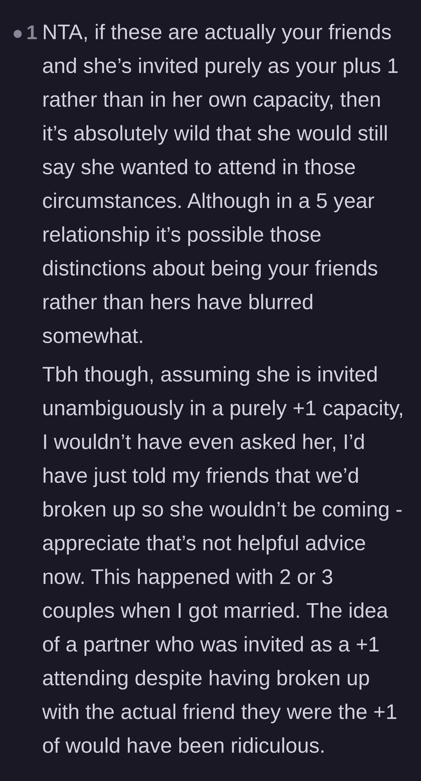 Comment thread 2 - A commenter shares their own wedding experience to prove how ridiculous it is for an ex to attend as a plus-one
