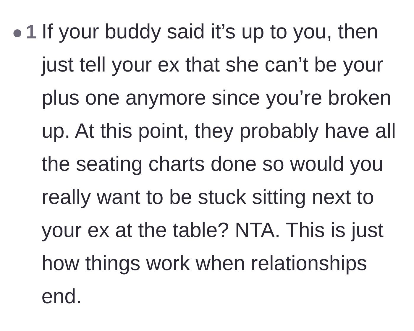 Comment thread 3 - Pointing out the awkwardness of seating charts and sitting next to an ex at a romantic event