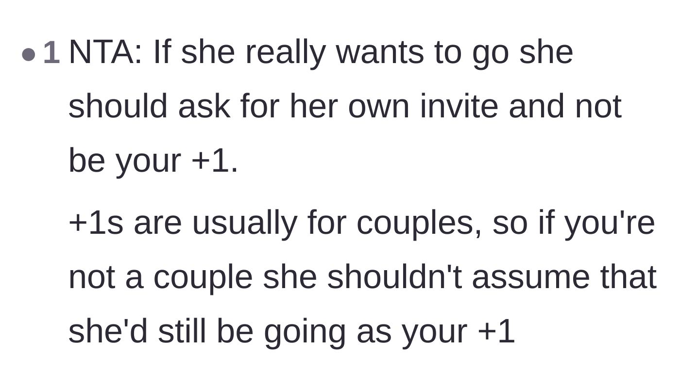 Comment thread 4 - Etiquette advice stating the ex should request her own invitation instead of using a couple's plus-one