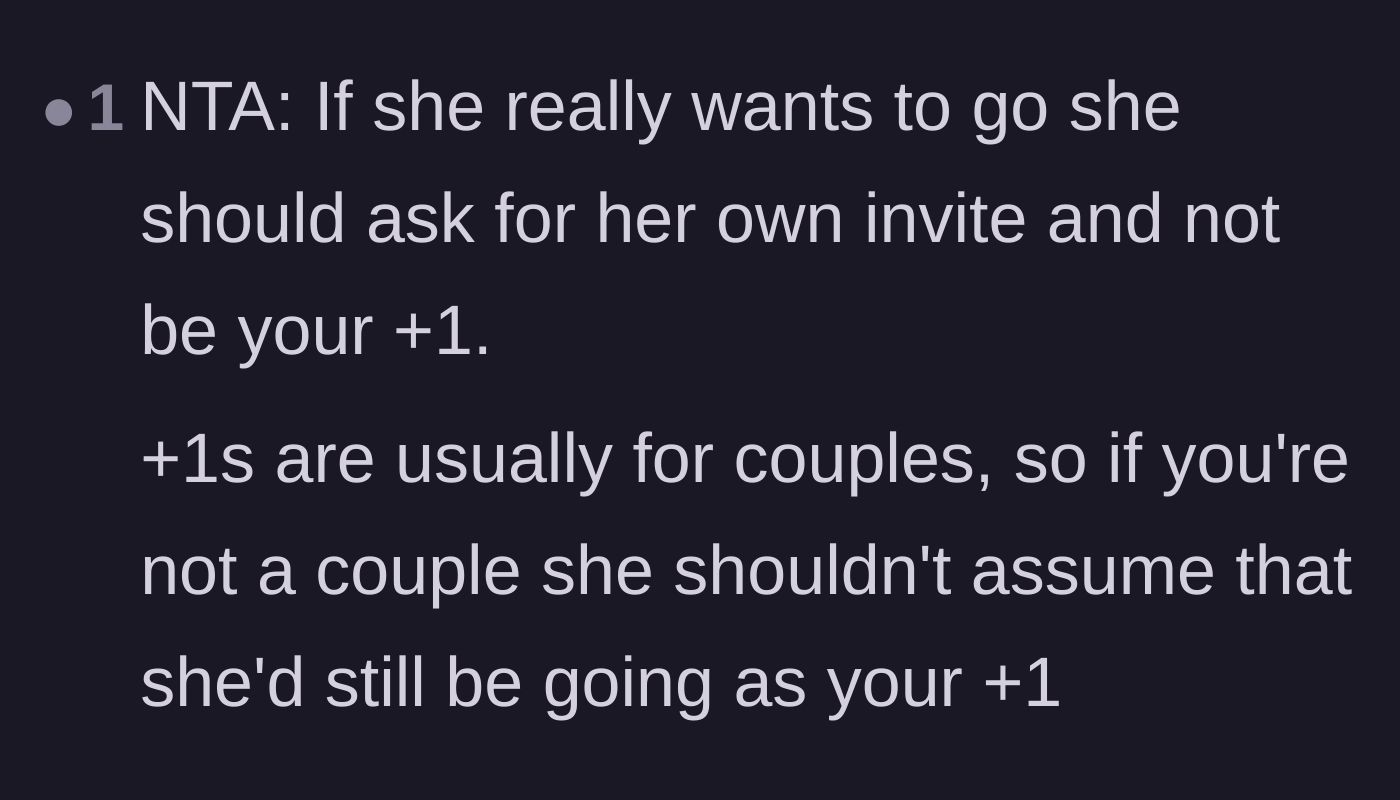Comment thread 4 - Etiquette advice stating the ex should request her own invitation instead of using a couple's plus-one