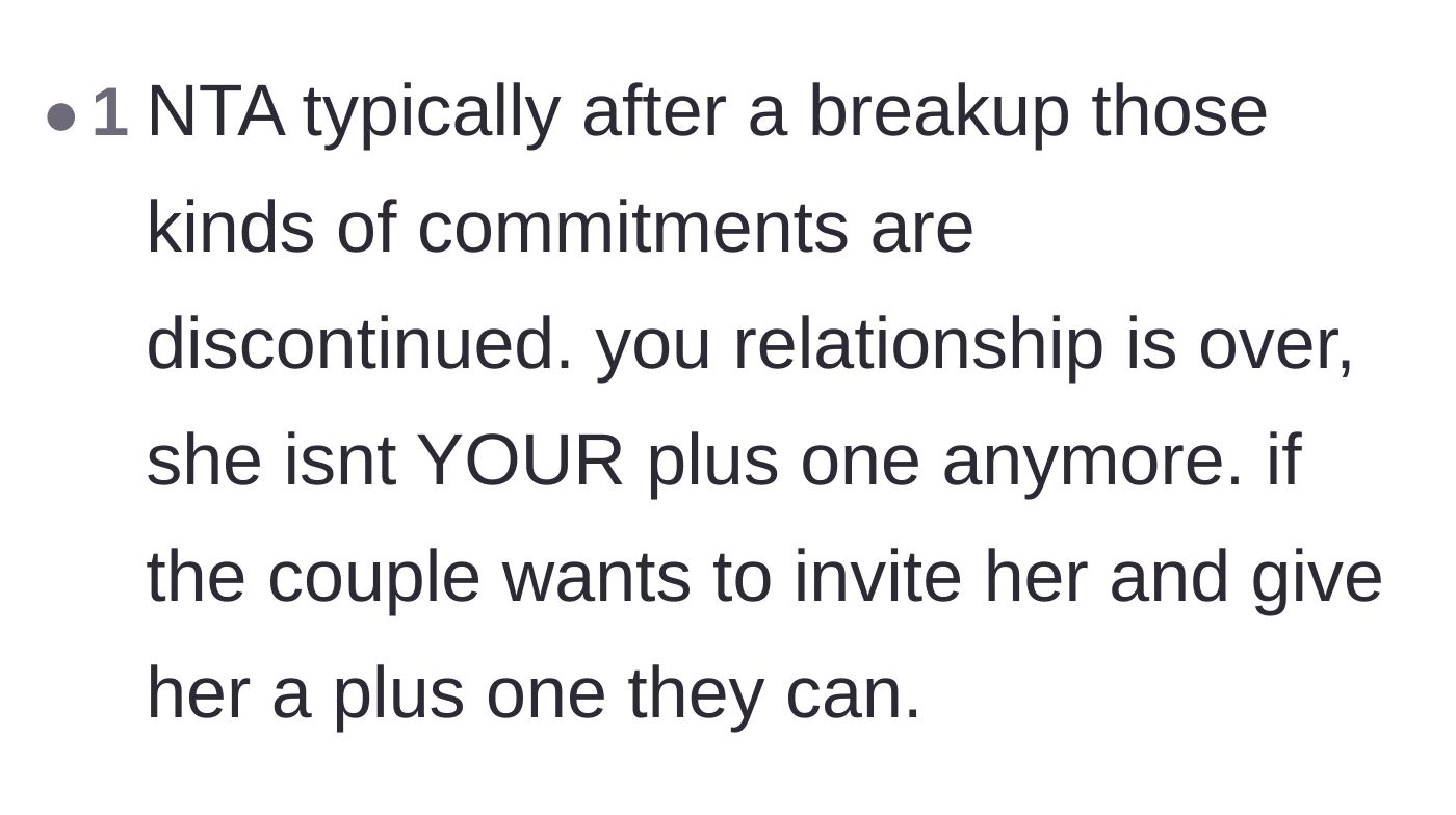 Comment thread 6 - Reaffirming that relationship commitments like wedding plus-ones end immediately after a breakup